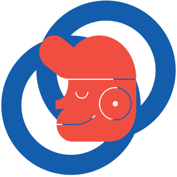 A graphic of a boys face in front of two interlocking red bands.