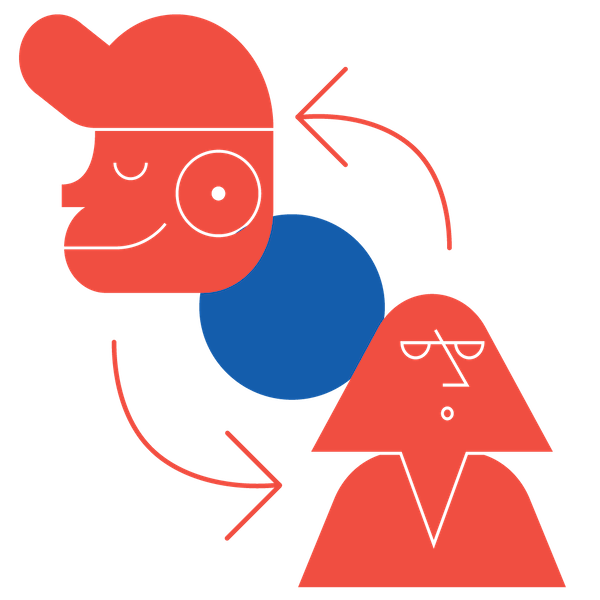 An icon with two arrows going between two figures to represent synergy