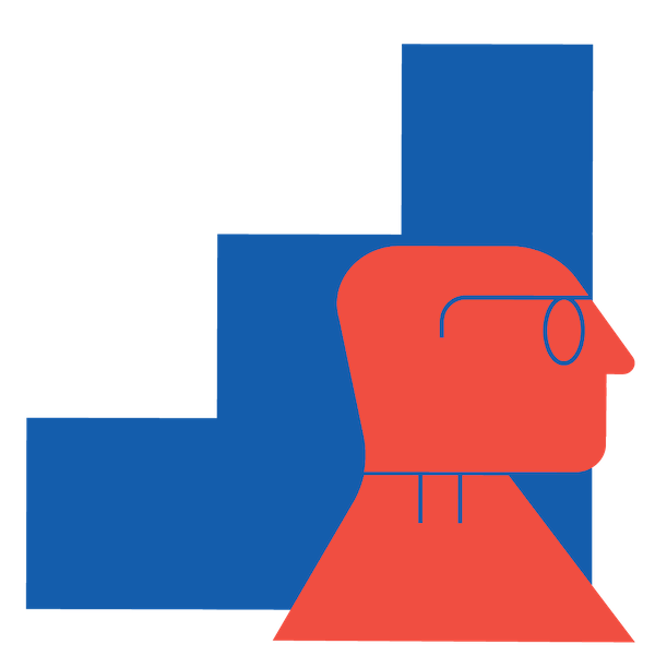 An icon of a man in front of blue stairs