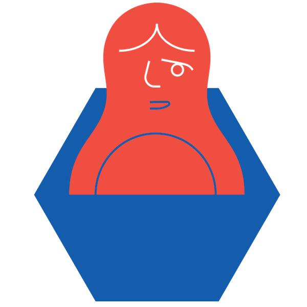 A graphic of a woman in front of a blue hexagon.
