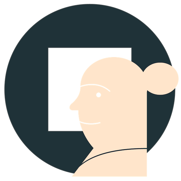 A graphic of a side profile of a woman in front of a square inside a circle