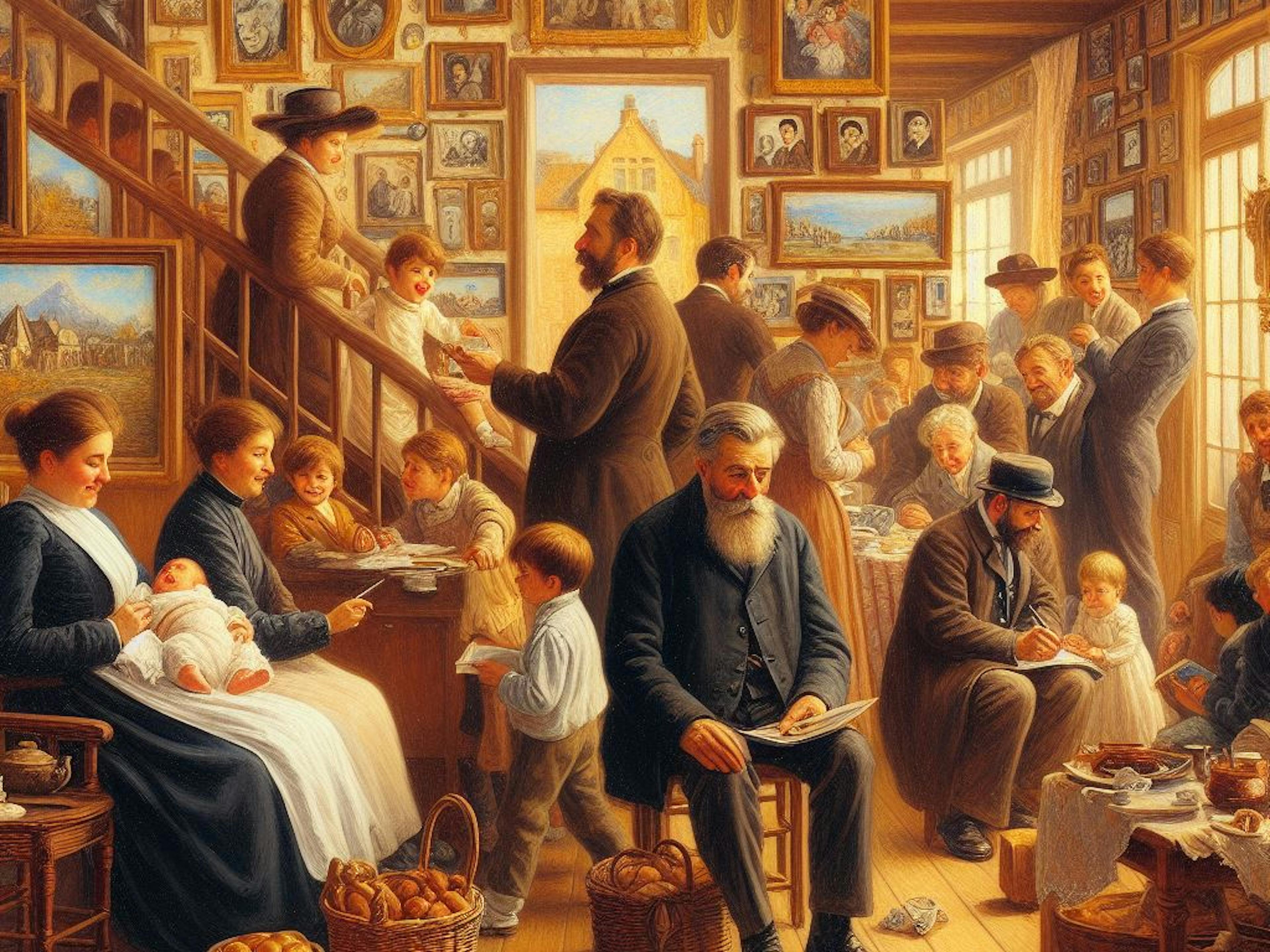 A painting of Claude Monet sitting in a room full of people