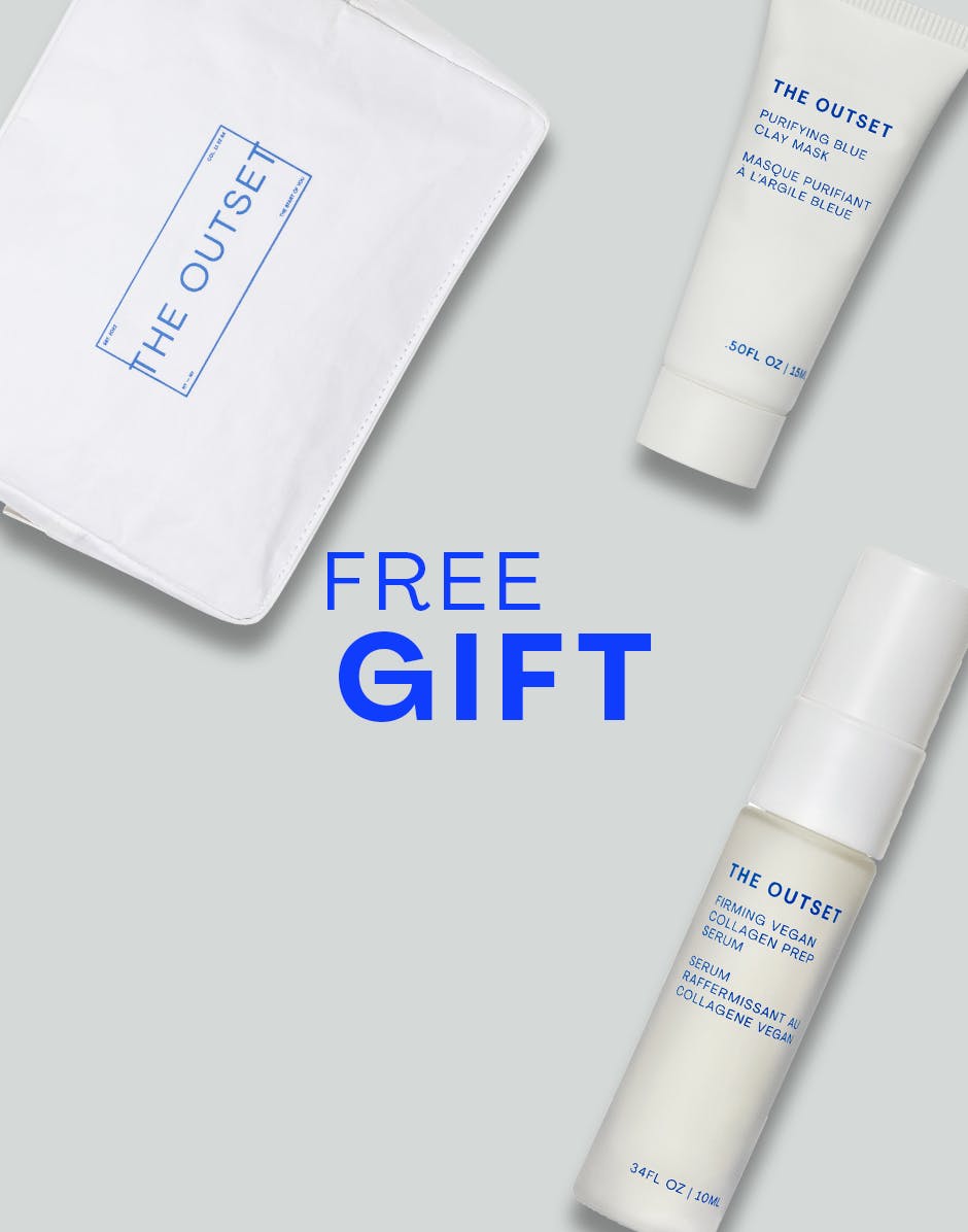 Photo of The Outset's travel bag, 15ML Clay Mask and 10ML Prep serum with 'free gift' text