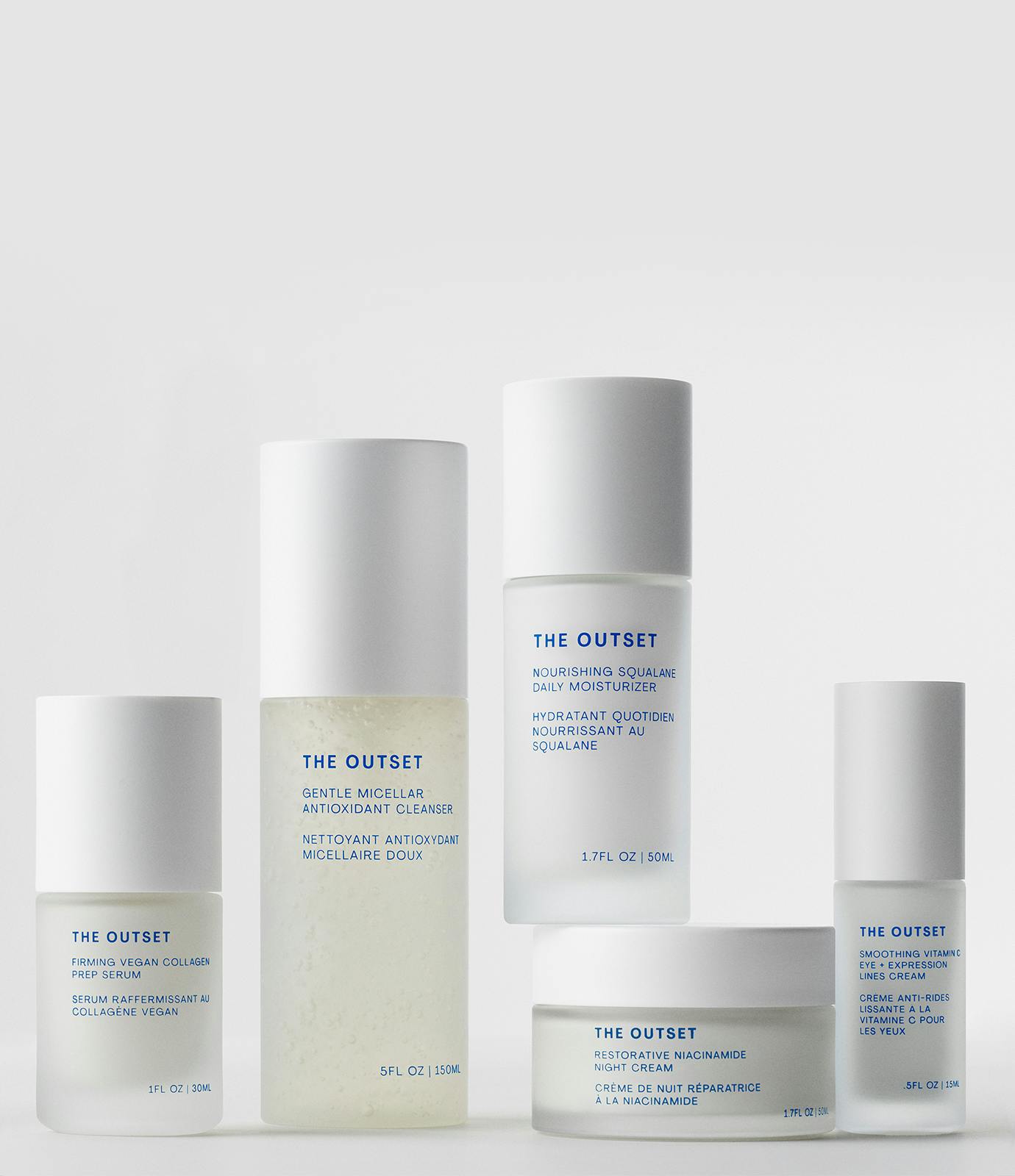 Photo of The Outset's cleanser, serum, moisturizer, night cream and eye cream