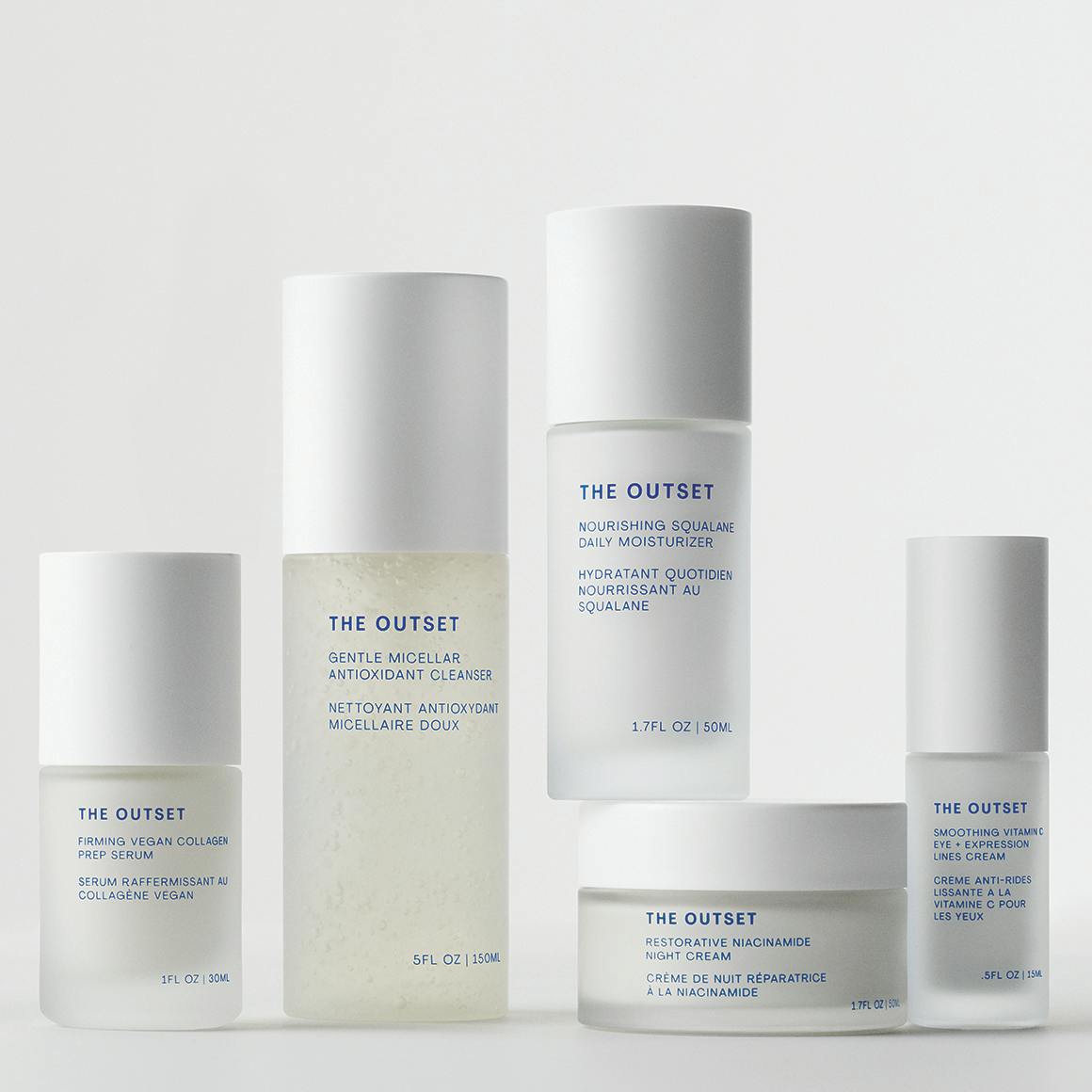 Photo of The Outset's cleanser, serum, moisturizer, night cream and eye cream