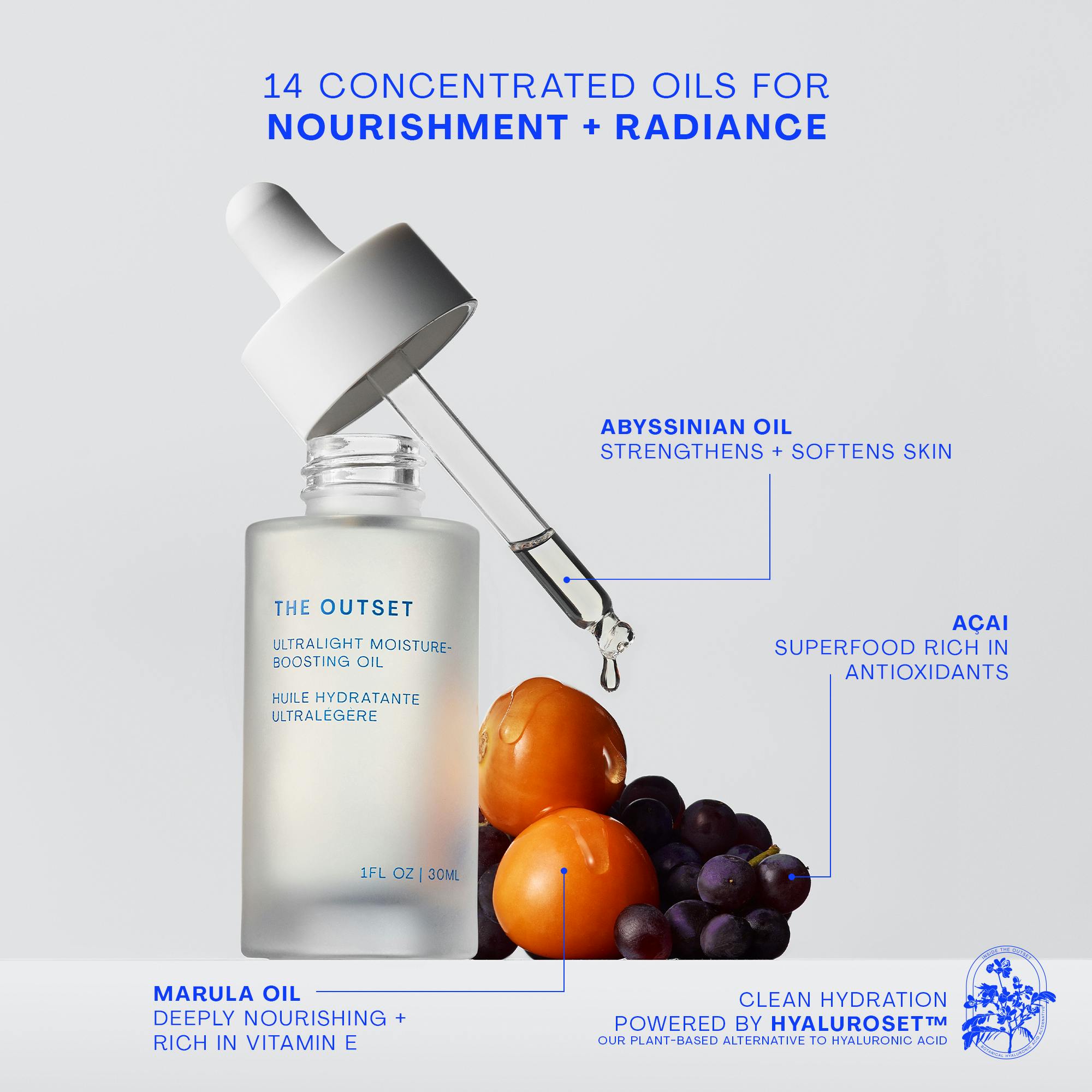 Photo of The Outset's ultralight moisture-boosting oil with ingredients and text; 14 concentrated oils for nourishment + radiance; abyssinian oil strengthens + softens skin; acai superfood rich in antioxidants ; marula oil deeply nourishing + rich in vitamin e; hyaluroset badge
