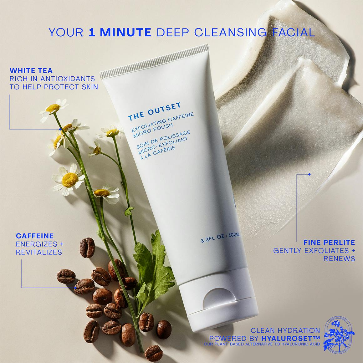 Photo of The Outset’s exfoliating caffeine micro polish with ingredients and info graphic; chamomile soothes + ideal for sensitive skin, fine perlite gently exfoliates + renews, caffeine energizes + revitalizes; clean hydration powered by Hyaluroset(TM) our plant-based alternative to hyaluronic acid