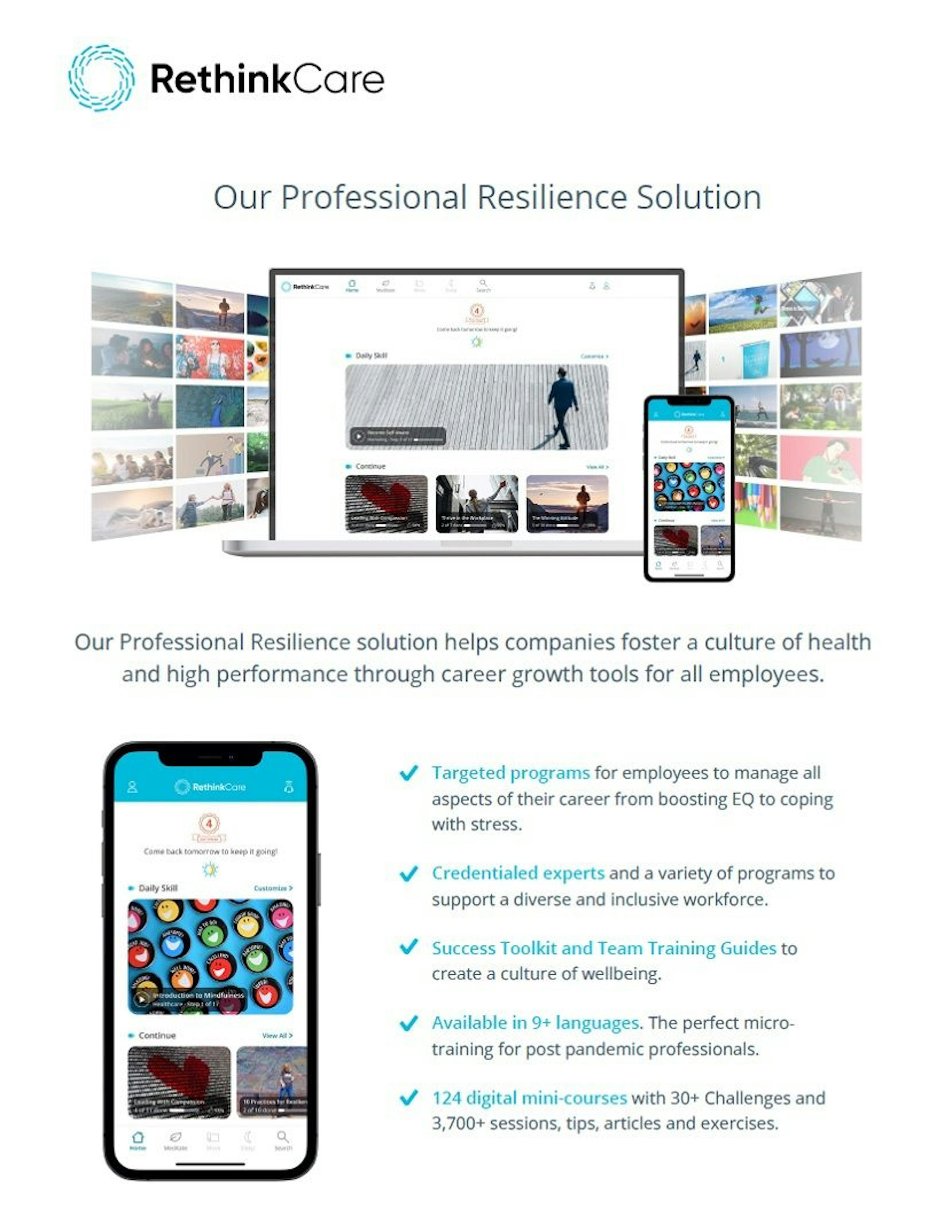 RethinkCare Professional Resilience Solution screenshots of computer and phone with overview of program offerings.