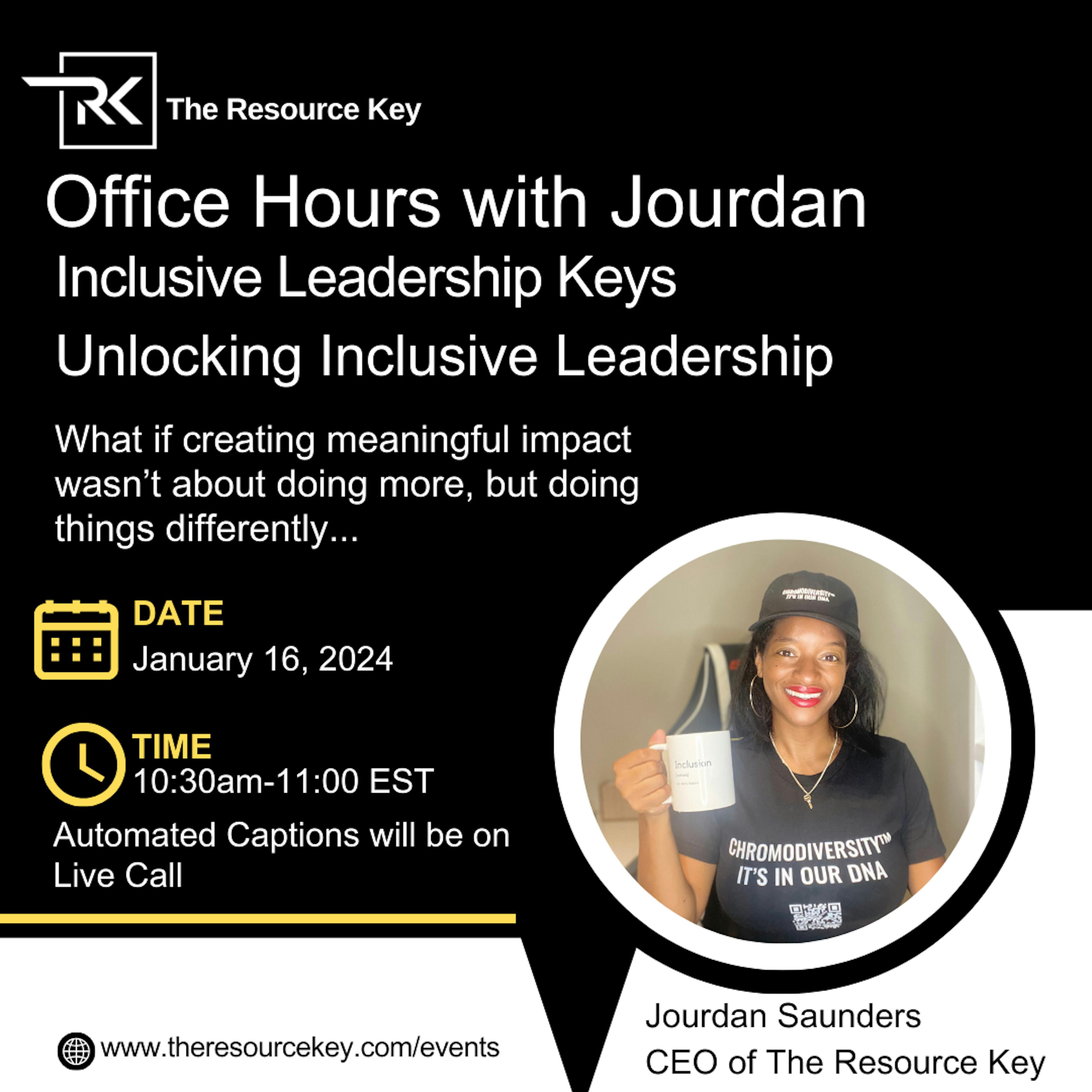 event flyer with text and headshot of jourdan in office