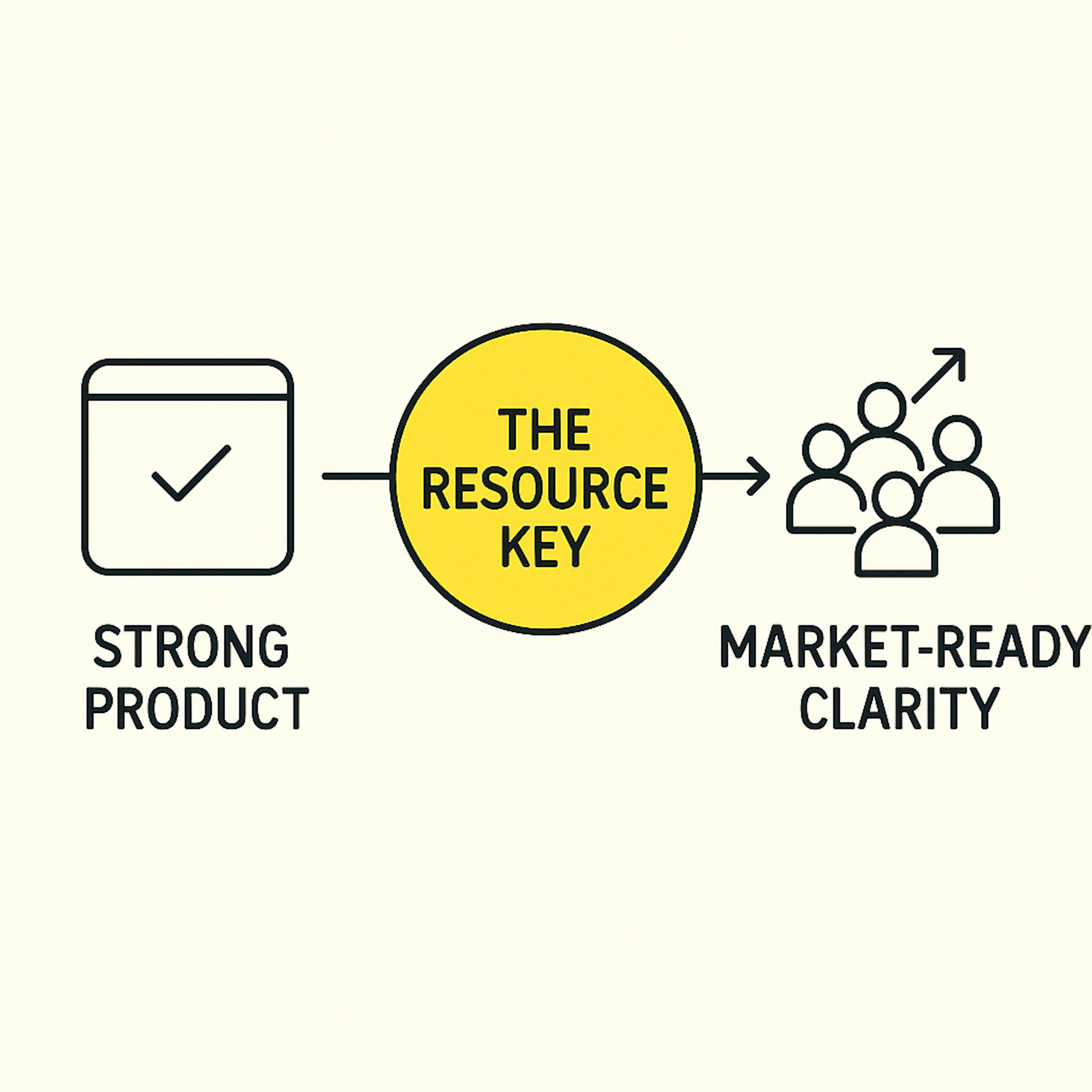 app icon with check strong product, arrow to the resource key in circle to market ready clarity with icons of people and arrow up.