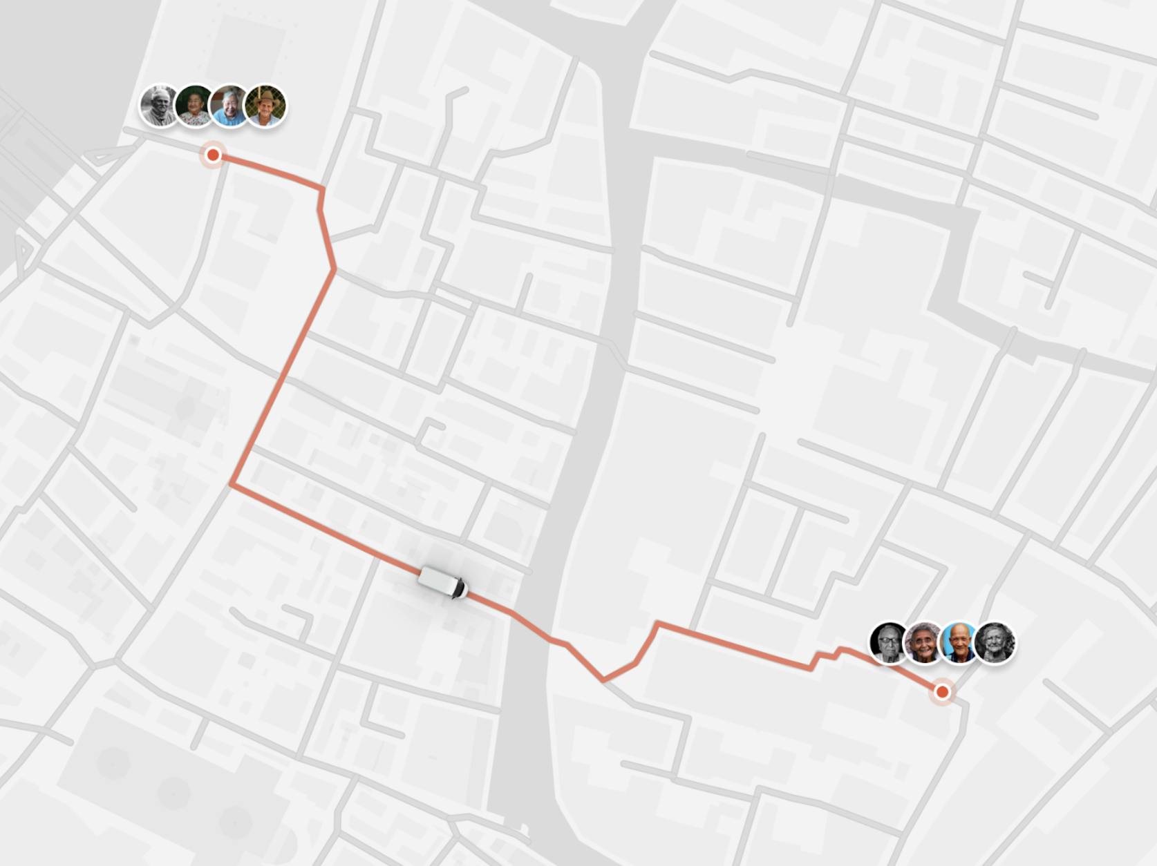 Aerial shot of how group trick pickups look on a graphic map. 