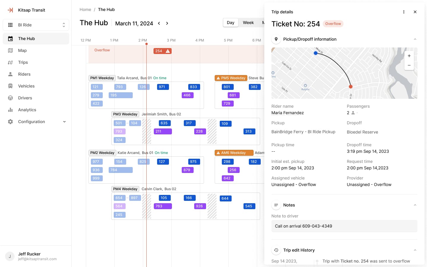 A snapshot of The Hub in action, showing what a dispatcher would see.
