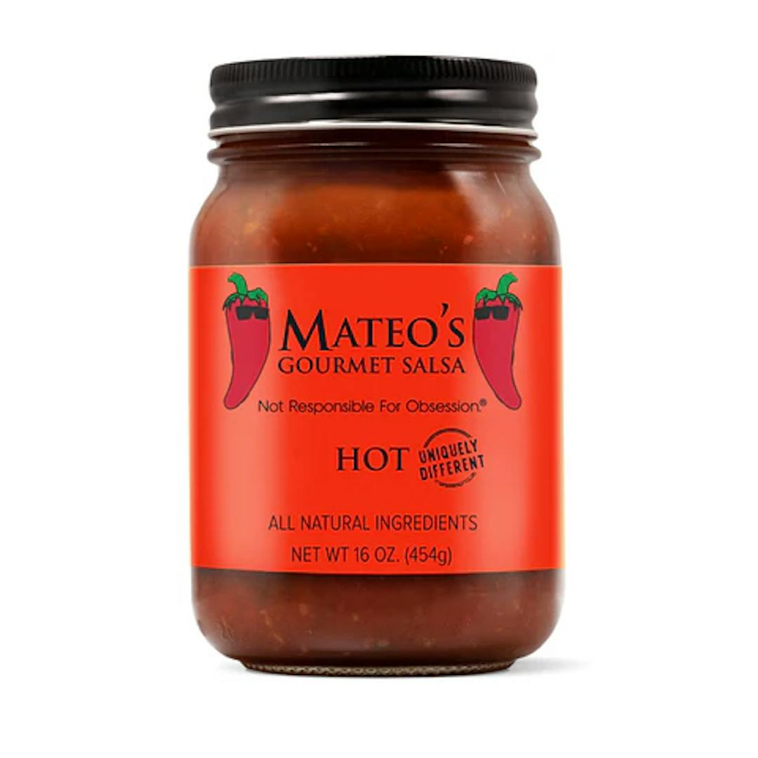 a jar of mateo's hot gourmet salsa