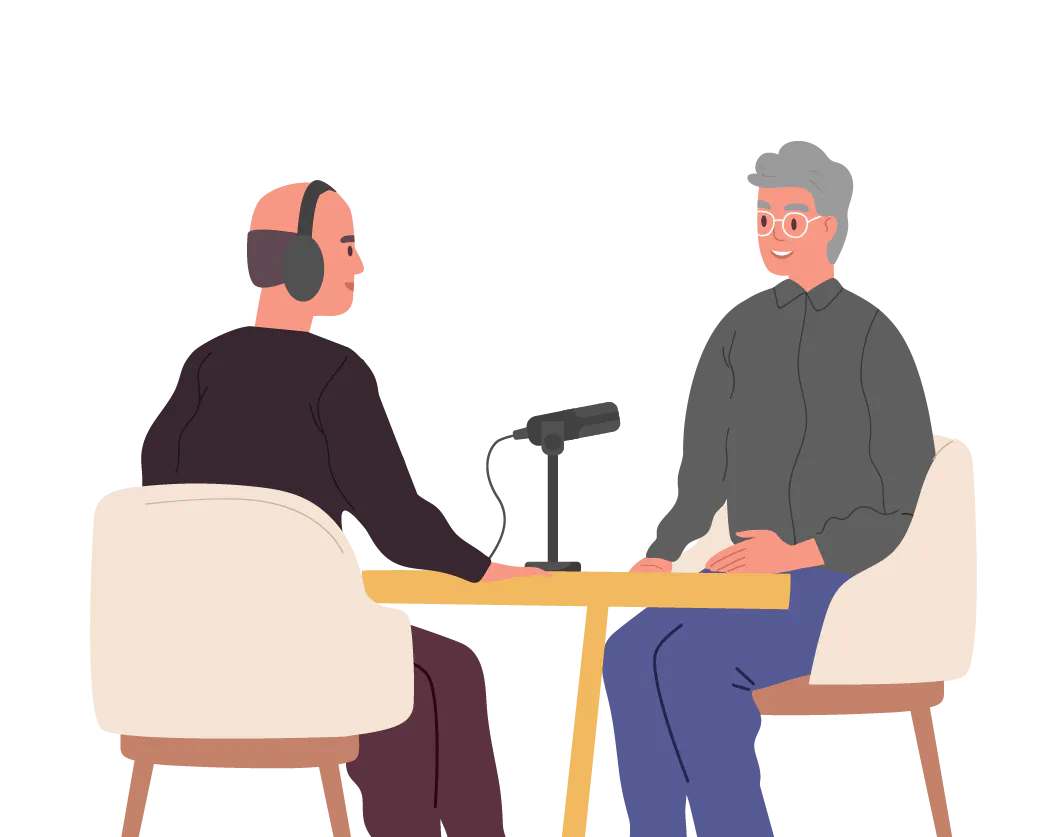 An illustration showing two men sitting talking over a microphone