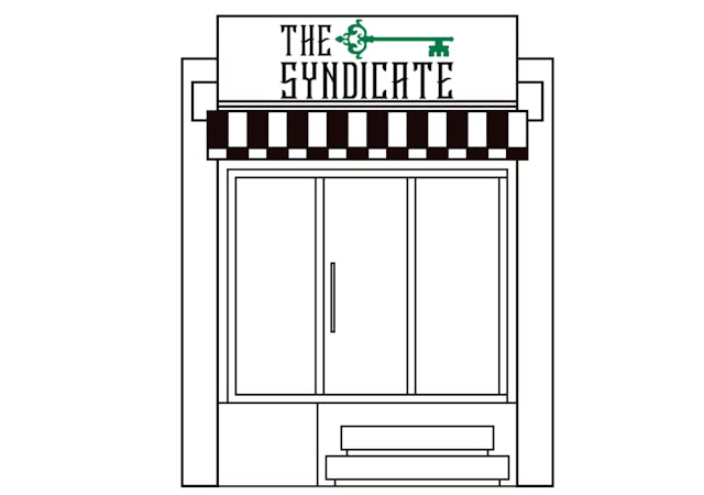 storefront with the syndicate logo on the sign. In-store shopping.