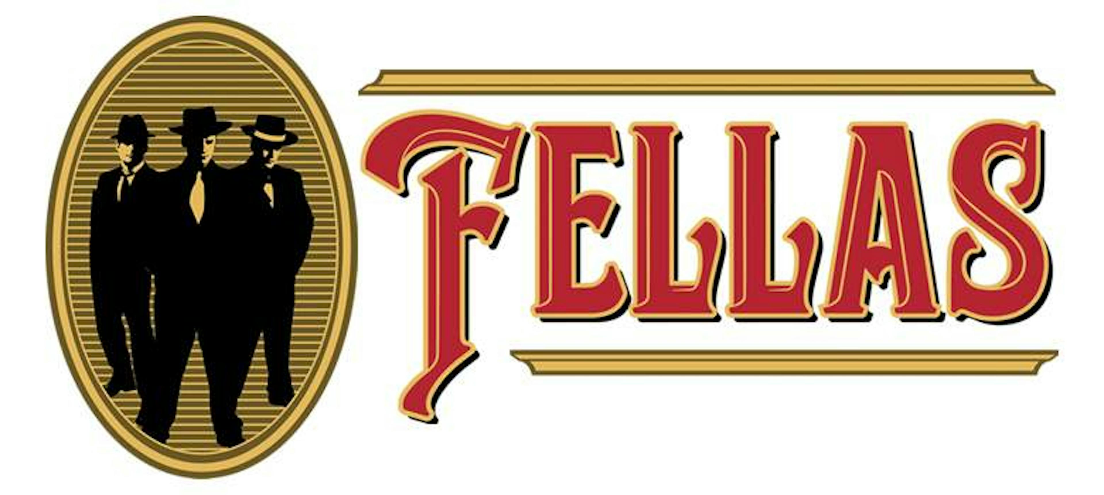 Fellas Logo - 3 Gangsters Silhouette standing together within a oval backdrop with Fellas Font Logo