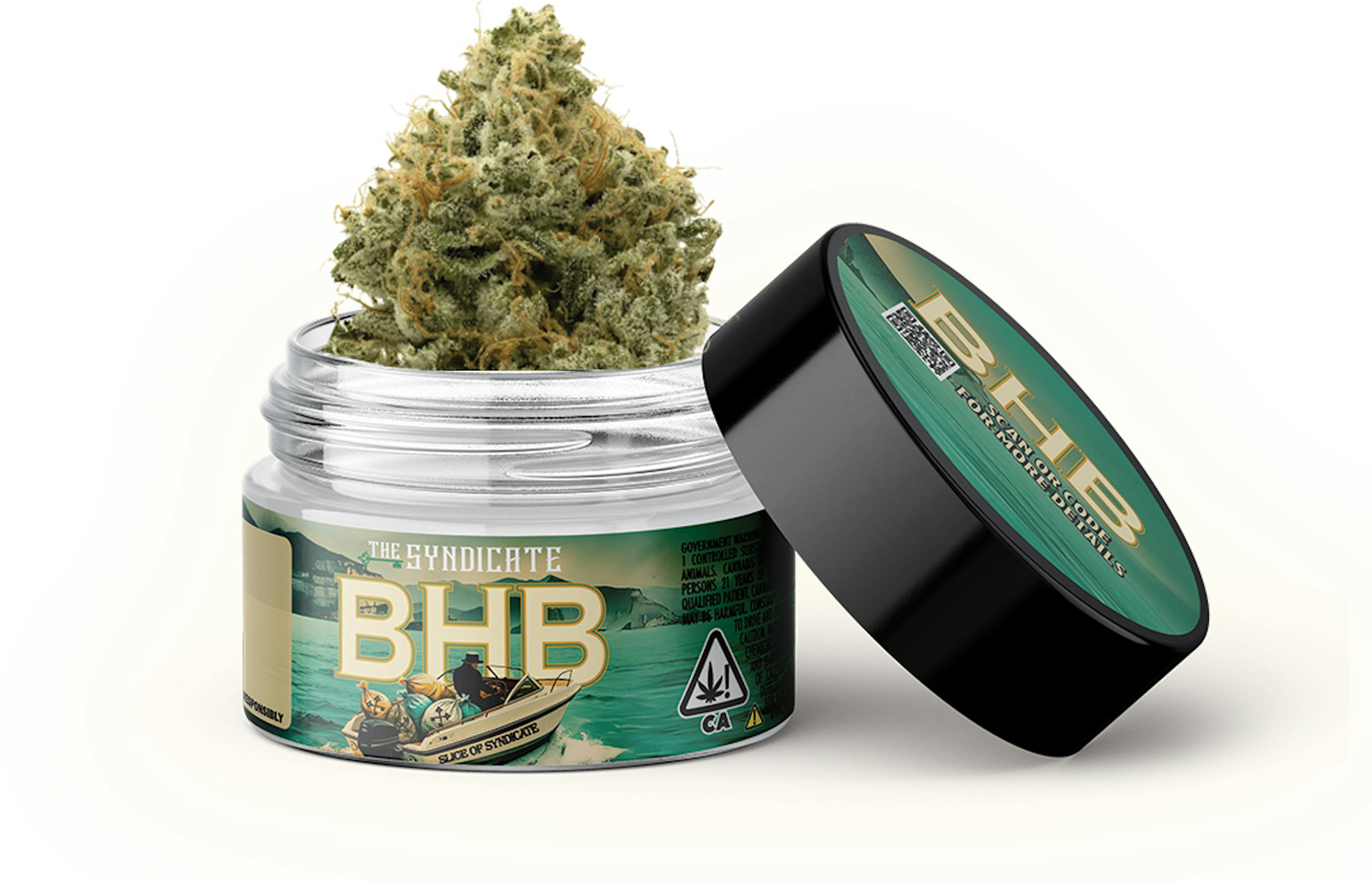 THE syndicate x dexter BHB flower strain in a jar with the nug sticking out