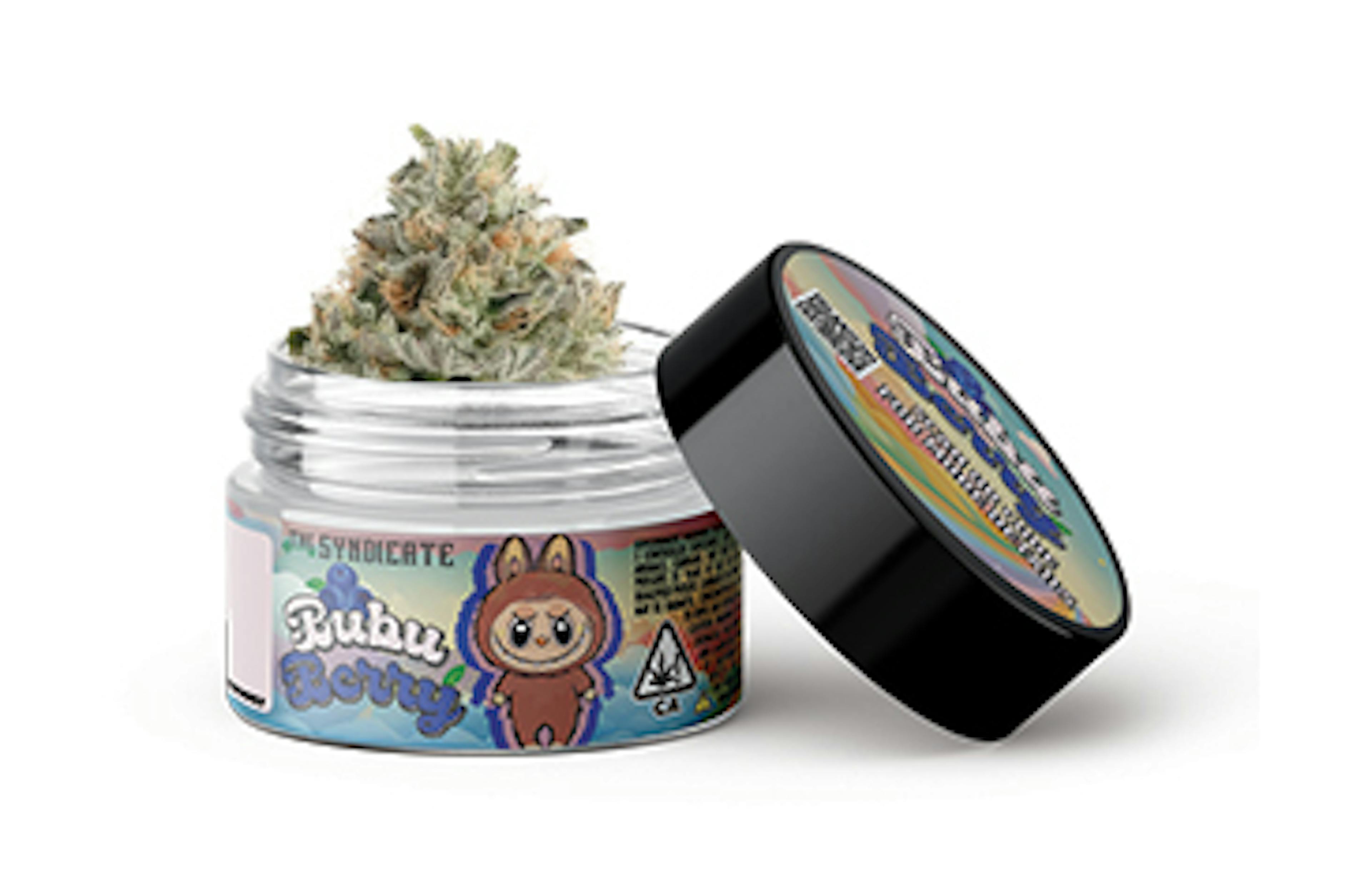Labubu Berry Strain Jar with cannabis inside. Labubu doll standing next to font in bubble letters with the name of the strain "Bubu Berry"