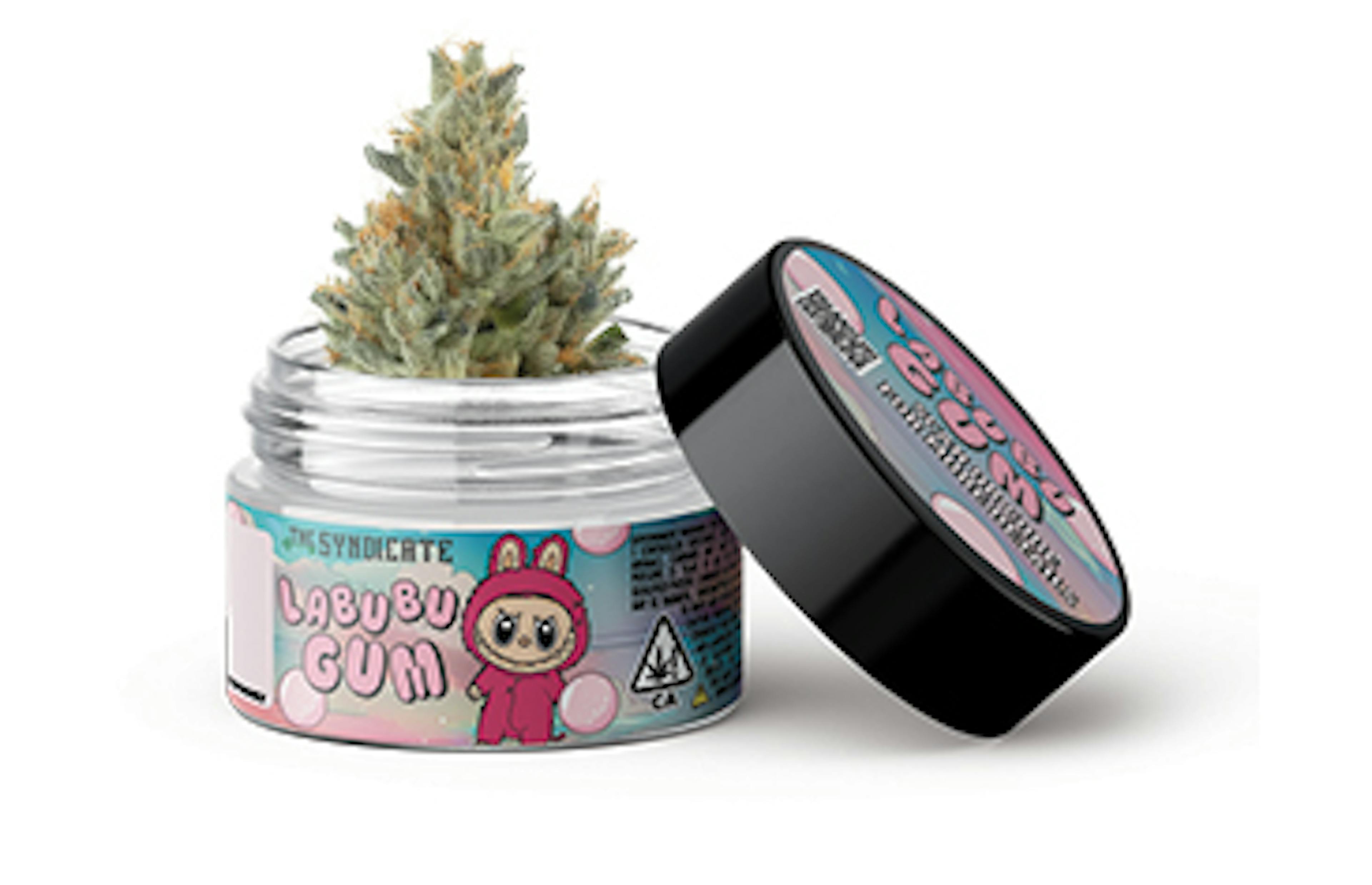Labubu Gum Strain Jar with cannabis inside. Theme for the label is a Labubu doll next to bubble letters with blue/pink sky background with the name of the strain "Labubu Gum"