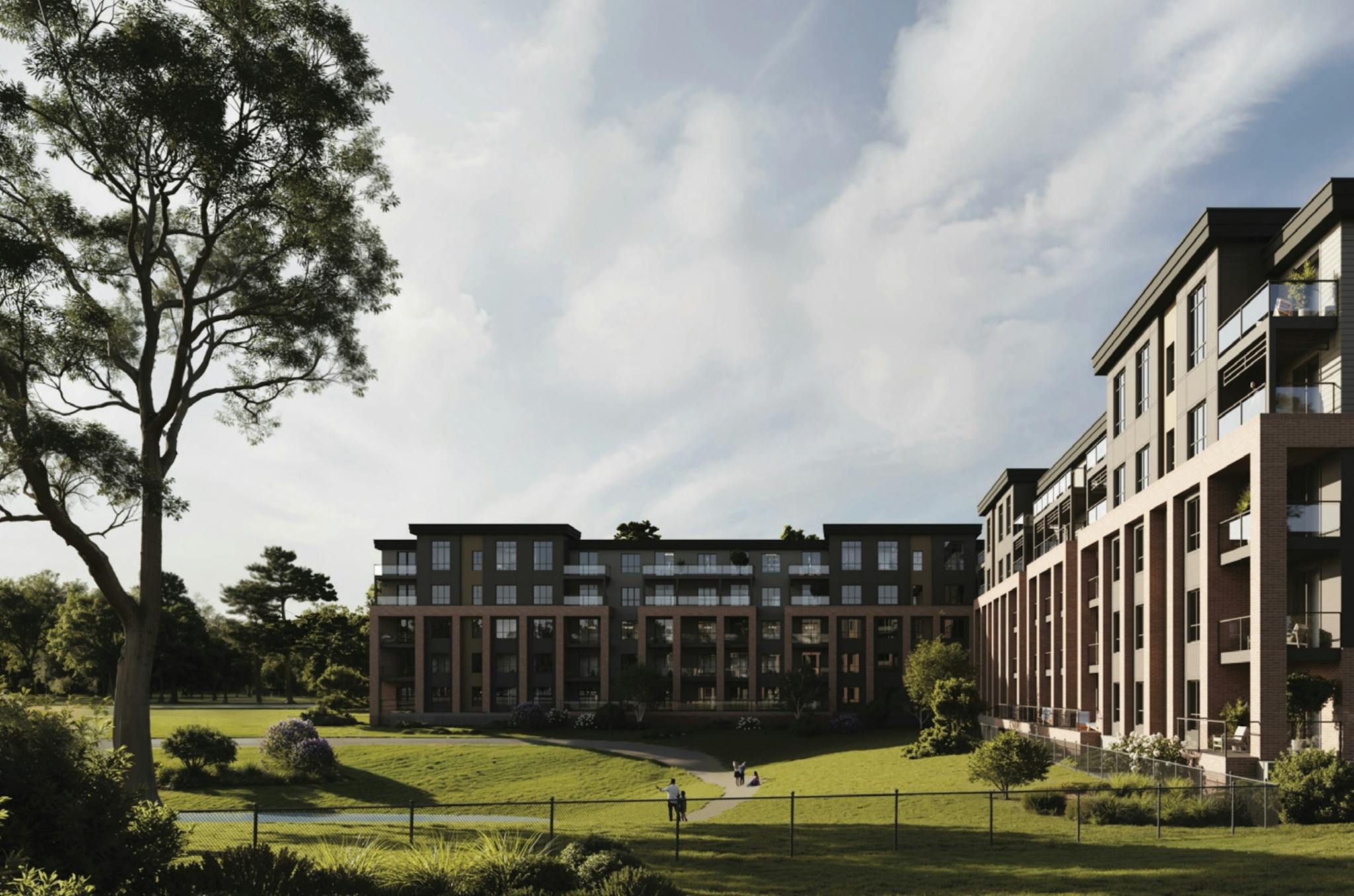 The Vintage apartments with a large green walking area.
