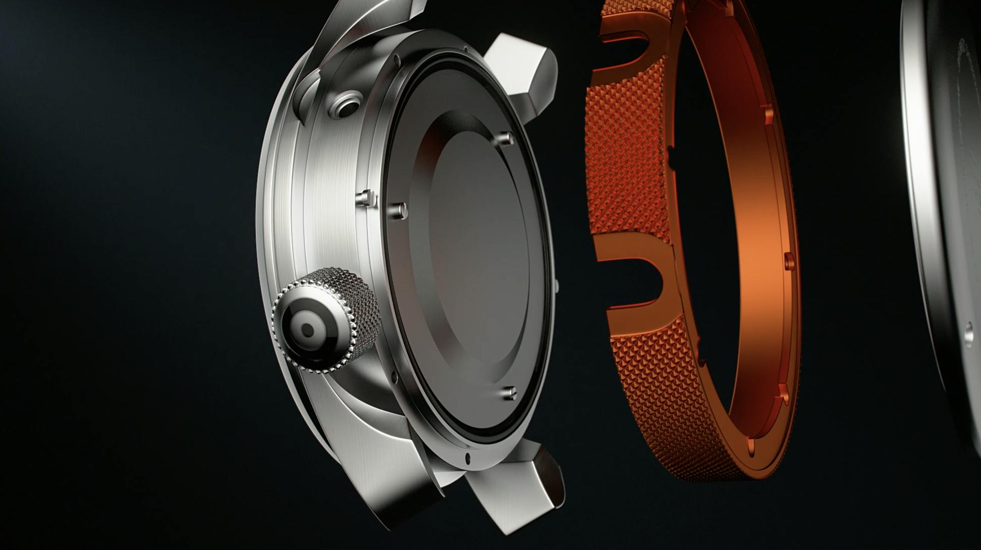 The three parts of the Bremont Trip-Tick case. From left to right; the main section, holding the movement and the lugs, the barrel which comes in a variety of colours and finishes, and the case back.