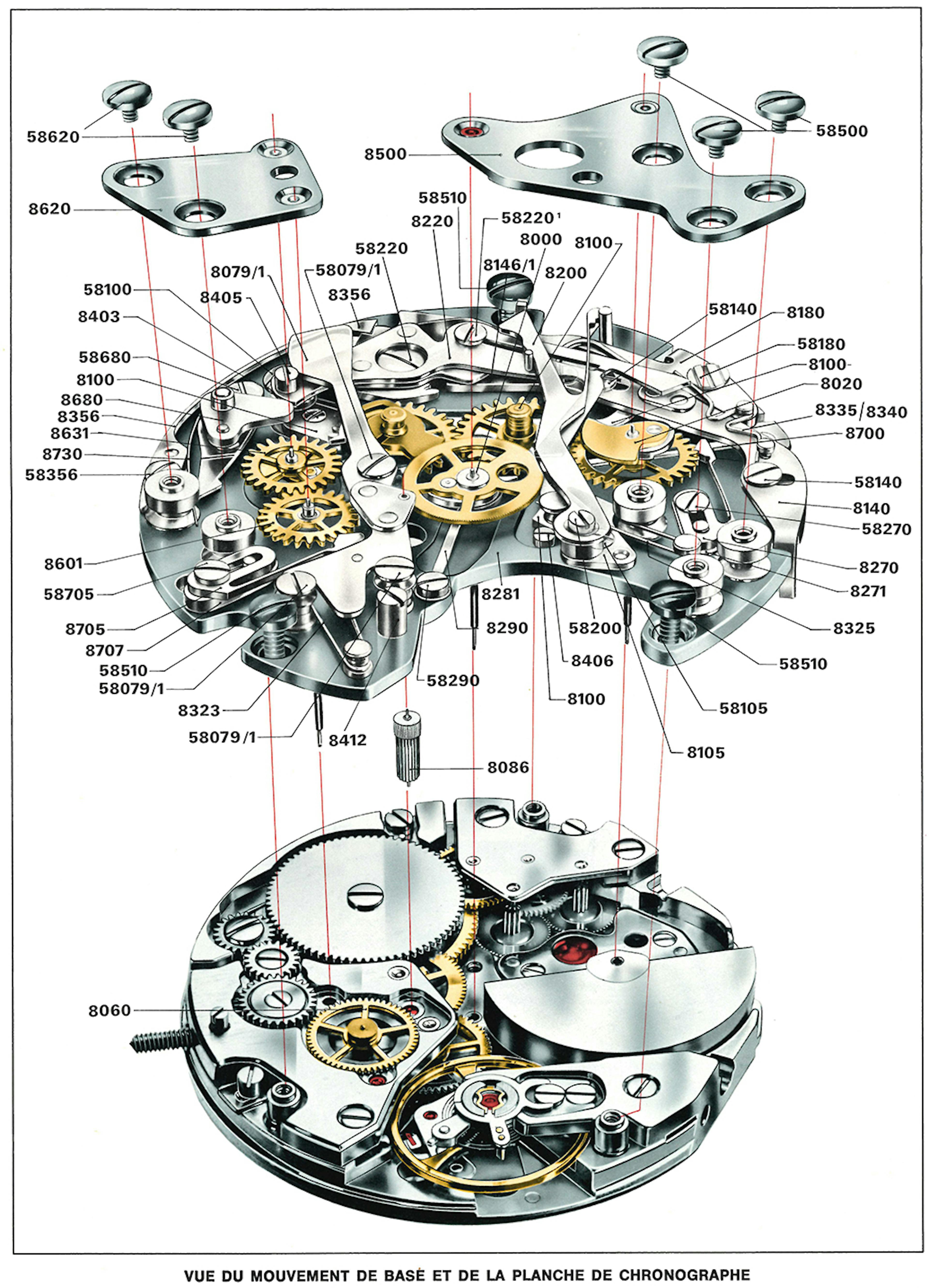 A technical drawing of the Project 99 movement, that became the Heuer Calibre 11. 