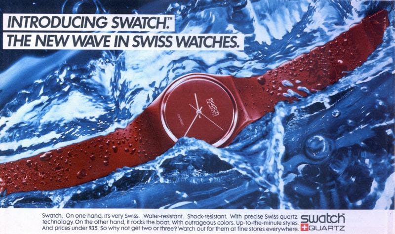 Advertisement showing Red Swatch watch in blue water with black text introudcing Swatch
