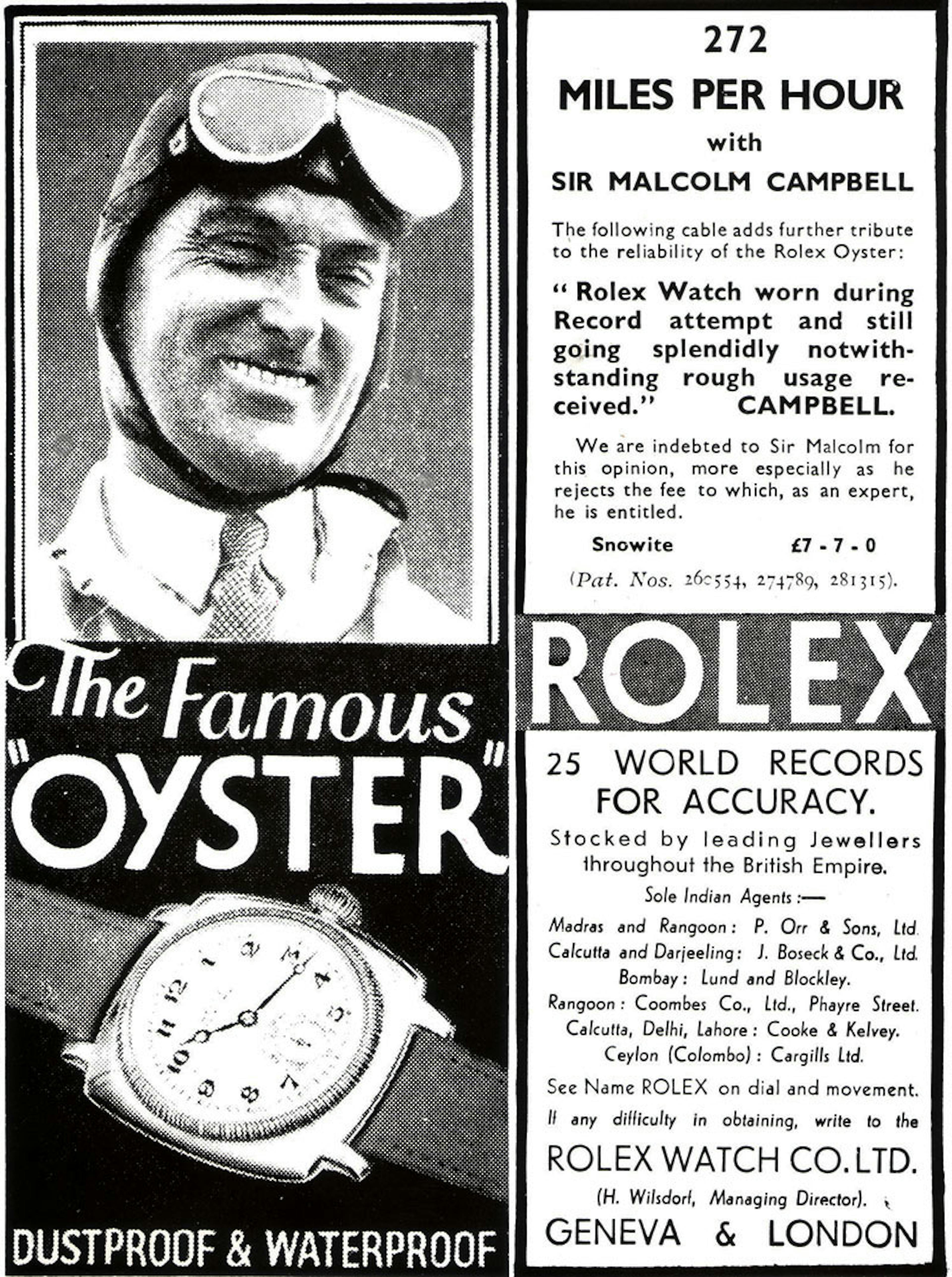 Malcolm Campbell in a Rolex Ad. He was one of the first watch world celebrity influencers. Image courtesy of Jake's Rolex World: www.rolexmagazine.com