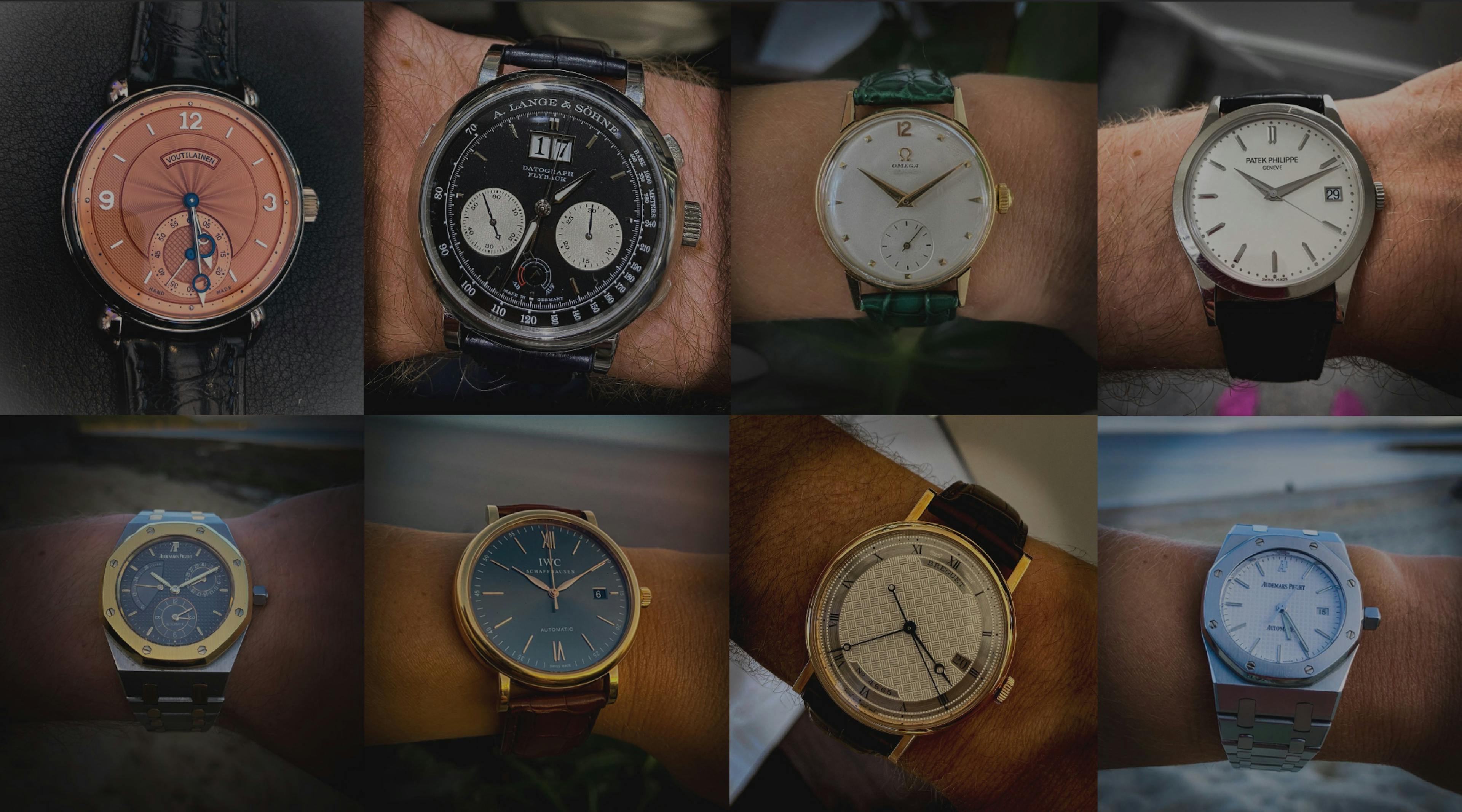 Grid of 8 watches at a watch event edited and darkened