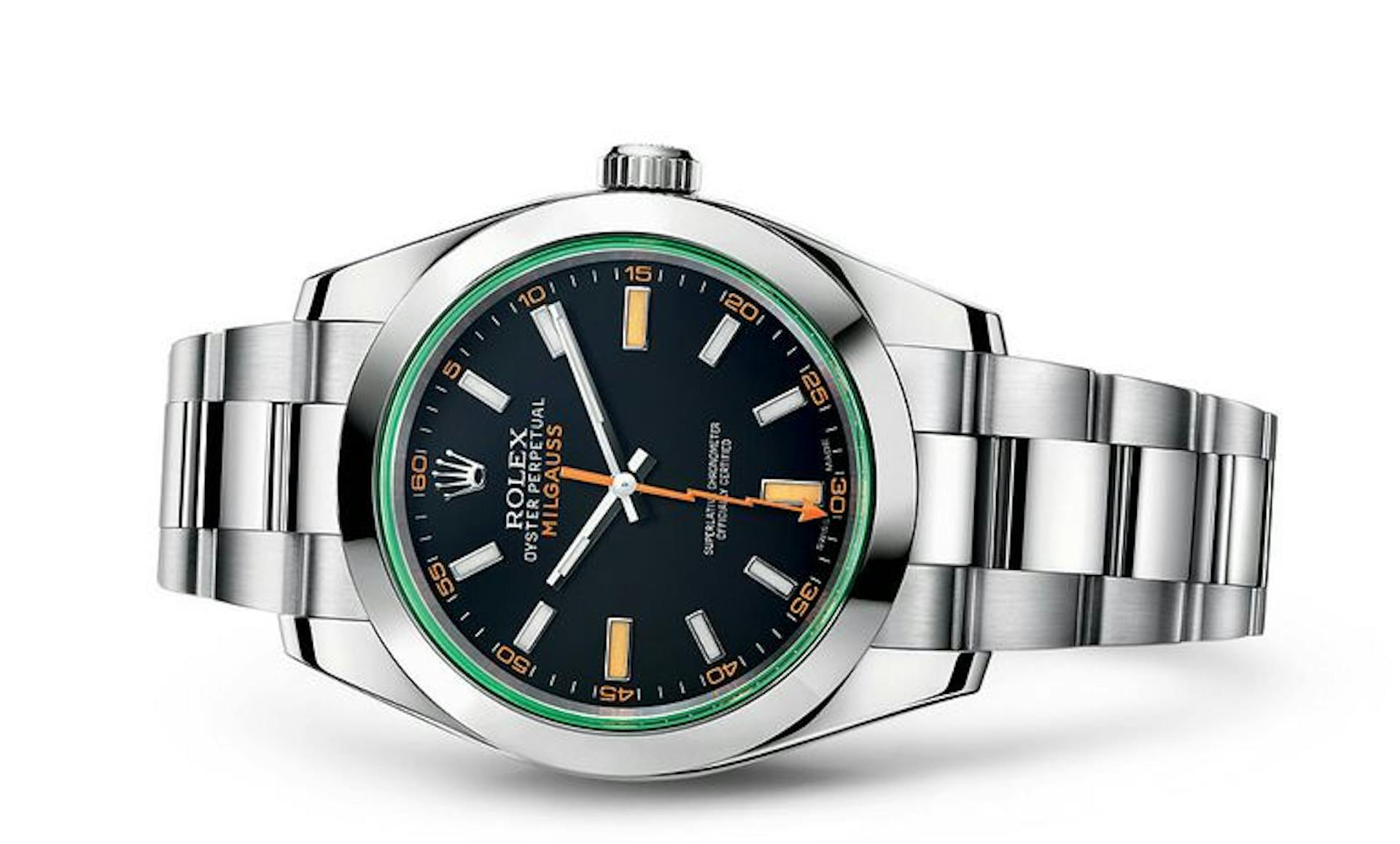 A Rolex Milgauss watch, designed for scientists to use and still be protected from magnetism thanks to its iron cage surrounding the movement.