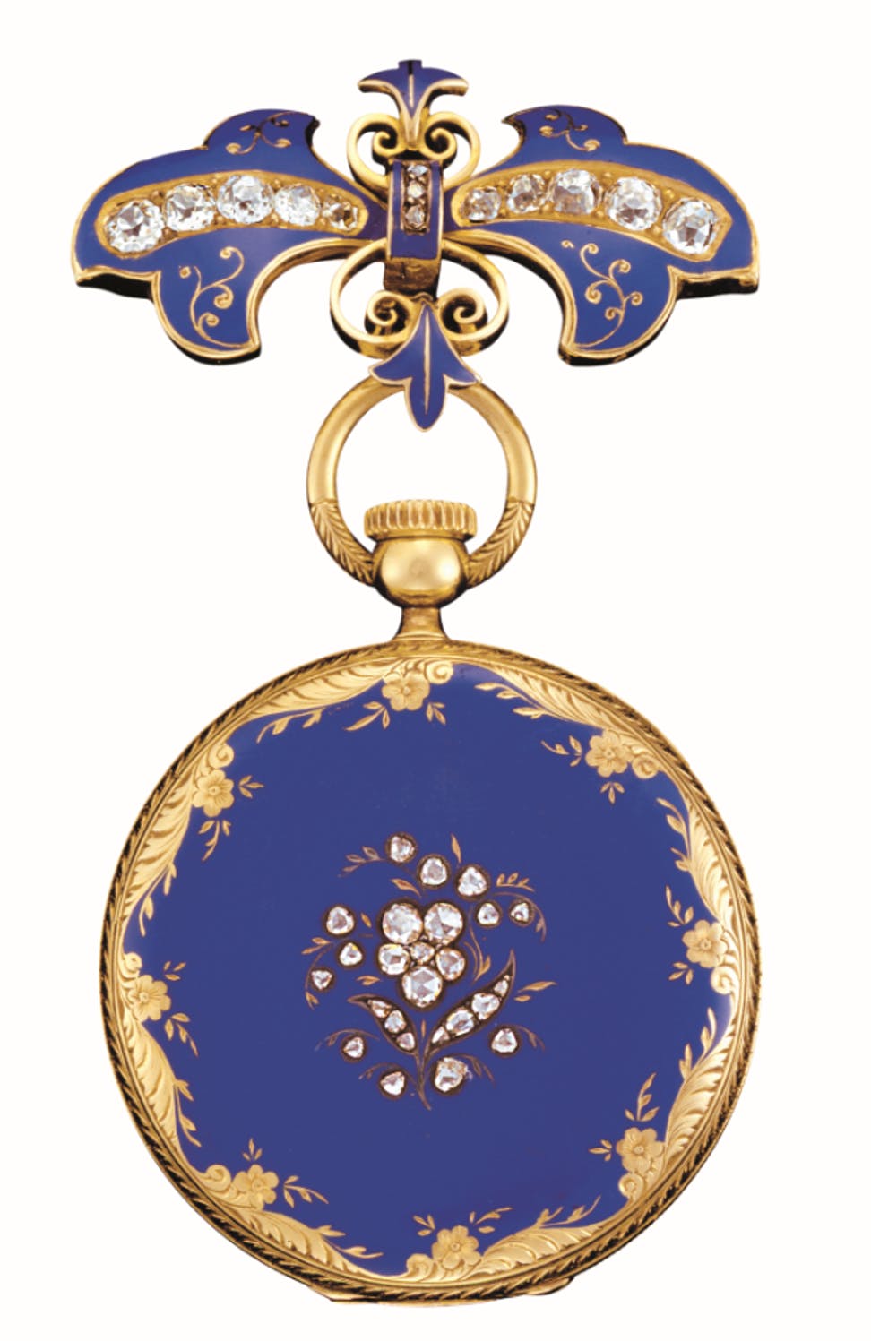 The outside of Queen Victoria's Pocket watch, with Brooch clasp, in Gold, Blue Enamel, and Diamonds.
