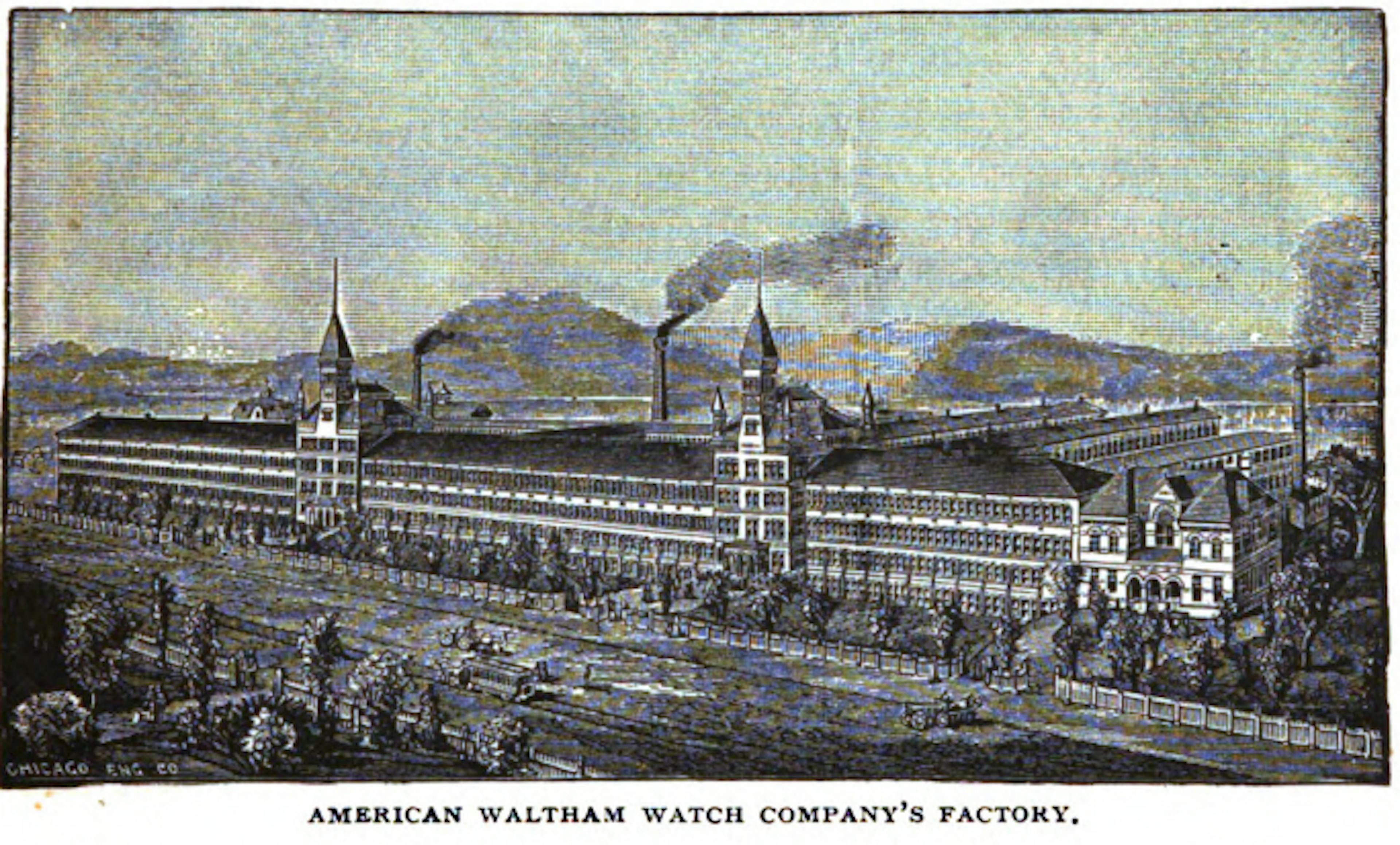 An Engraving of the Waltham Watch Factory in 1888, at the time the world's largest watch manufacturer.