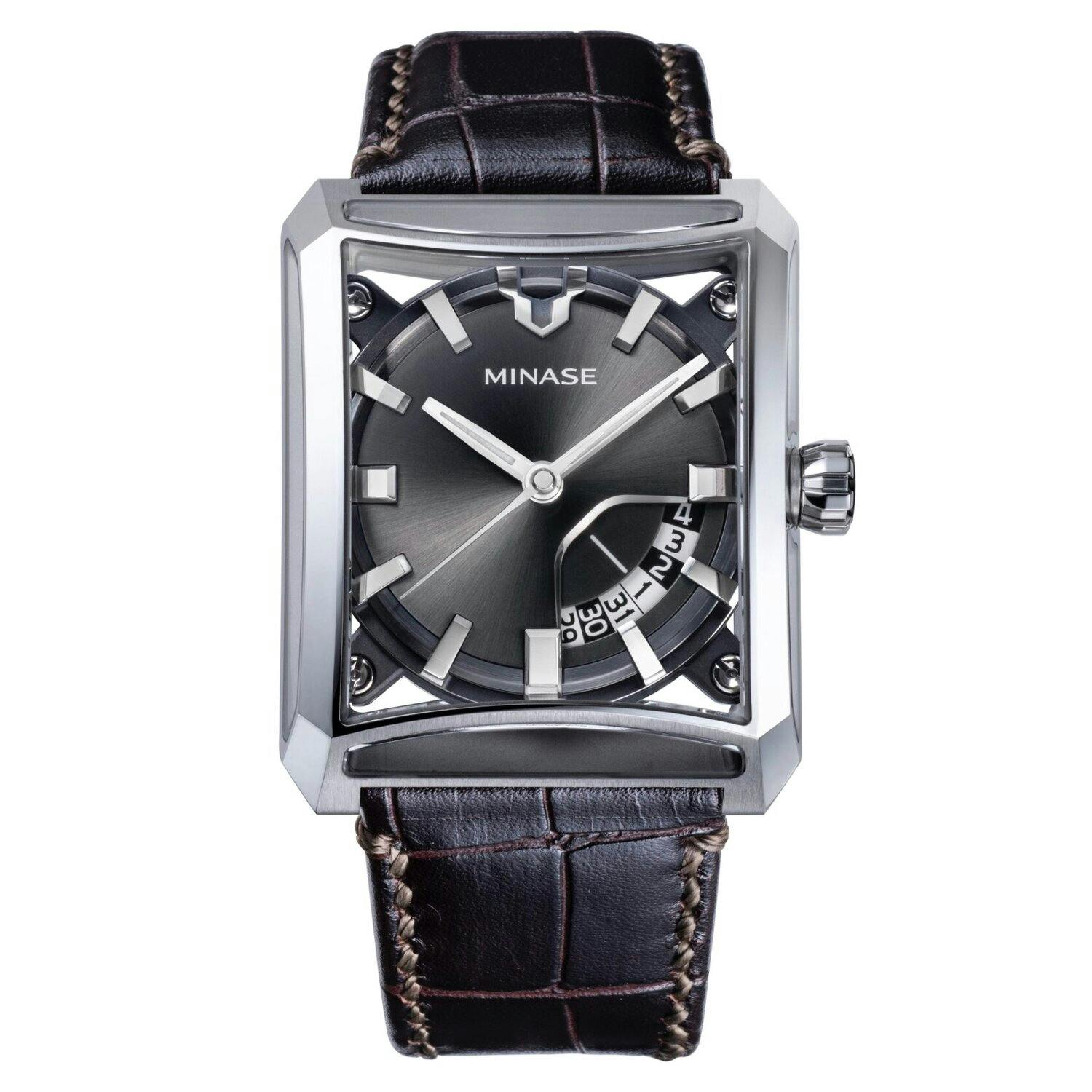 This highly unsusual case from a Japanese manufacturer Minase, has facets to the case containing crystal so that you can see the dial and movement from all different sides, while still preserving the strength and waterproofing of the case.
