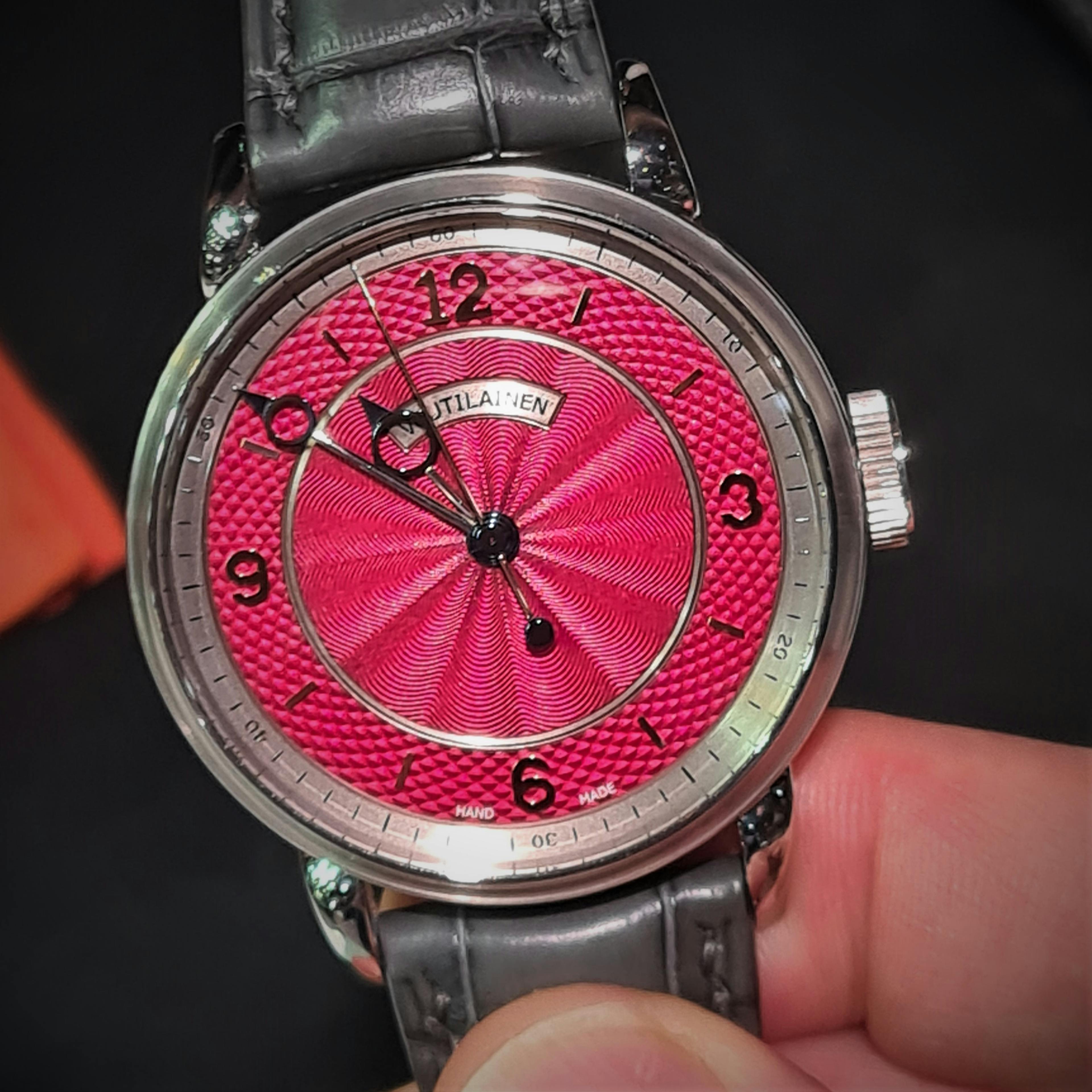 A handmade watch by famous watchmaker Kari Voutilainen. These are incredibly rare and expensive and have a very long waiting list. To see them up close at a watch show is a fun privilege, even if you will never actually own one.