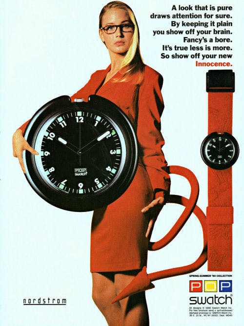 An aggressive Swatch ad from the 1990s, showing their Pop design. This style of ad was unheard of in the watch industry before Swatch, and hasn't really been replicated by any other brand since. 