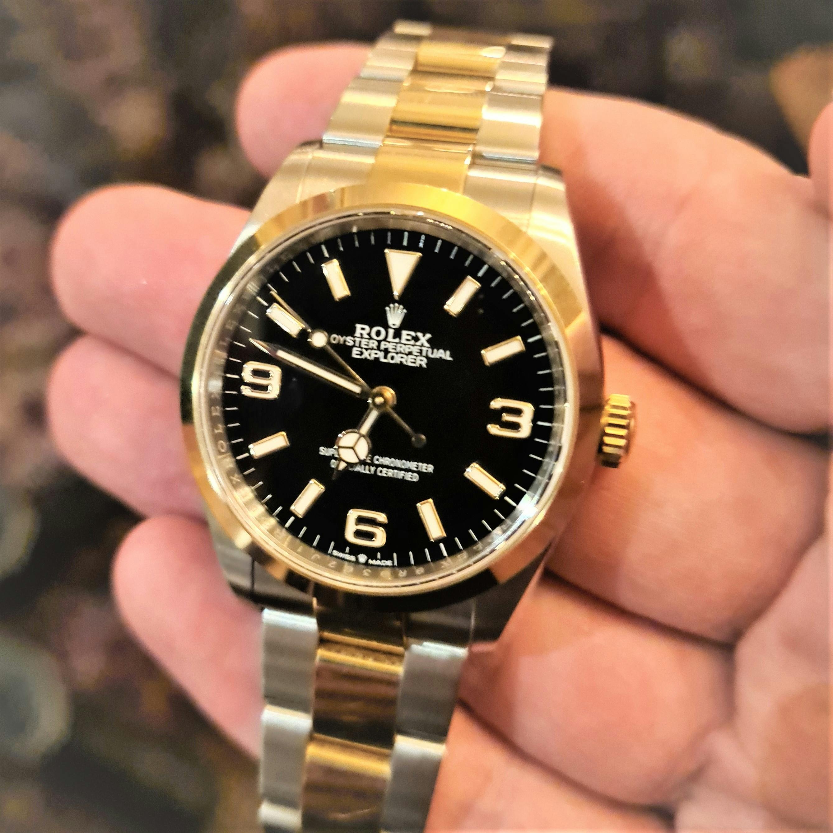 A modern Rolex Explorer in Steel and Gold. This watch is 36mm, so a perfect size for Men or Women