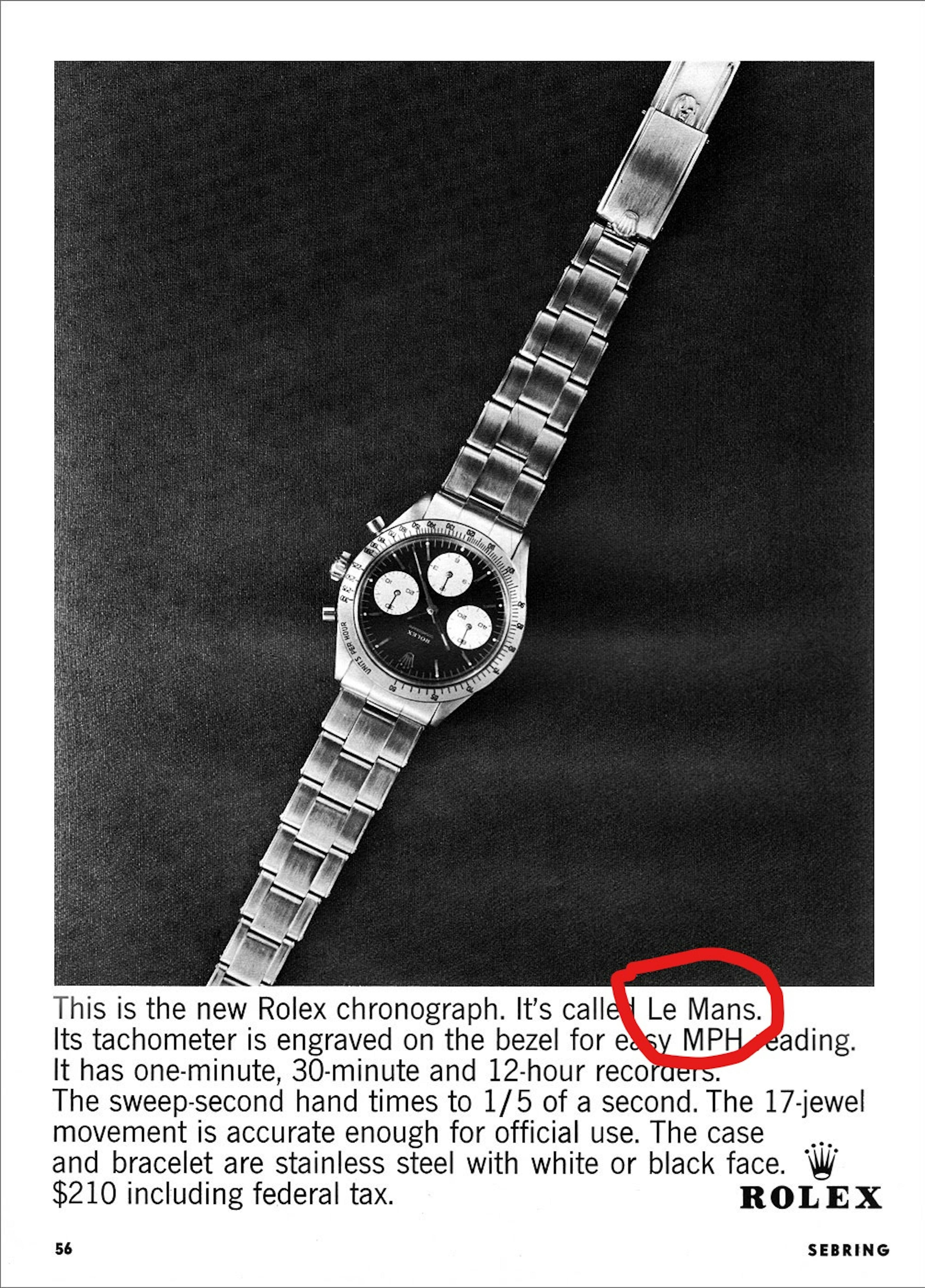 The only known Rolex ad using the name "Le Mans", courtesy of www.rolexmagazine.com