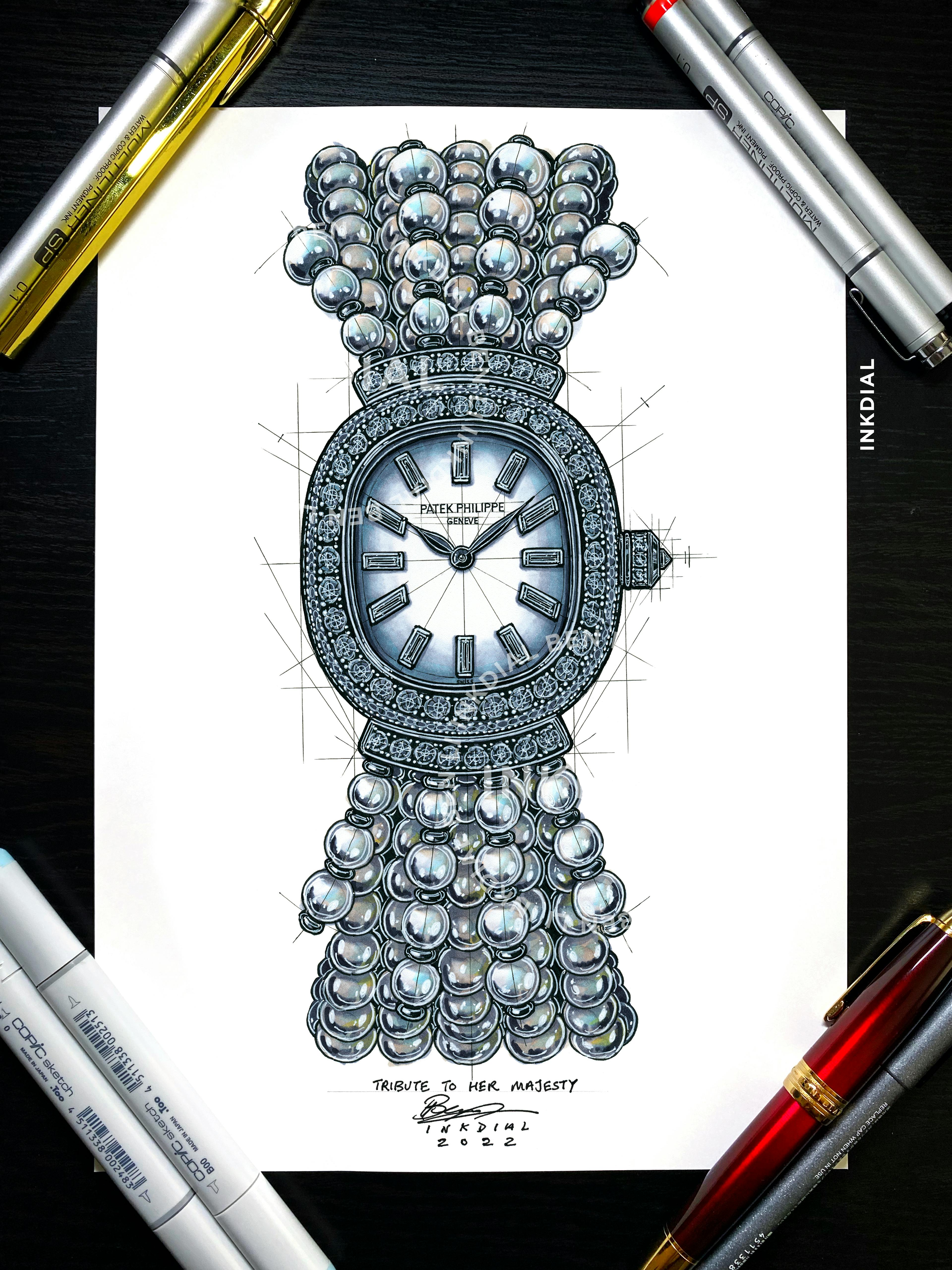 The Queen's Diamond and Pearl Patek Ref. 4975/1G, as drawn by InkDial