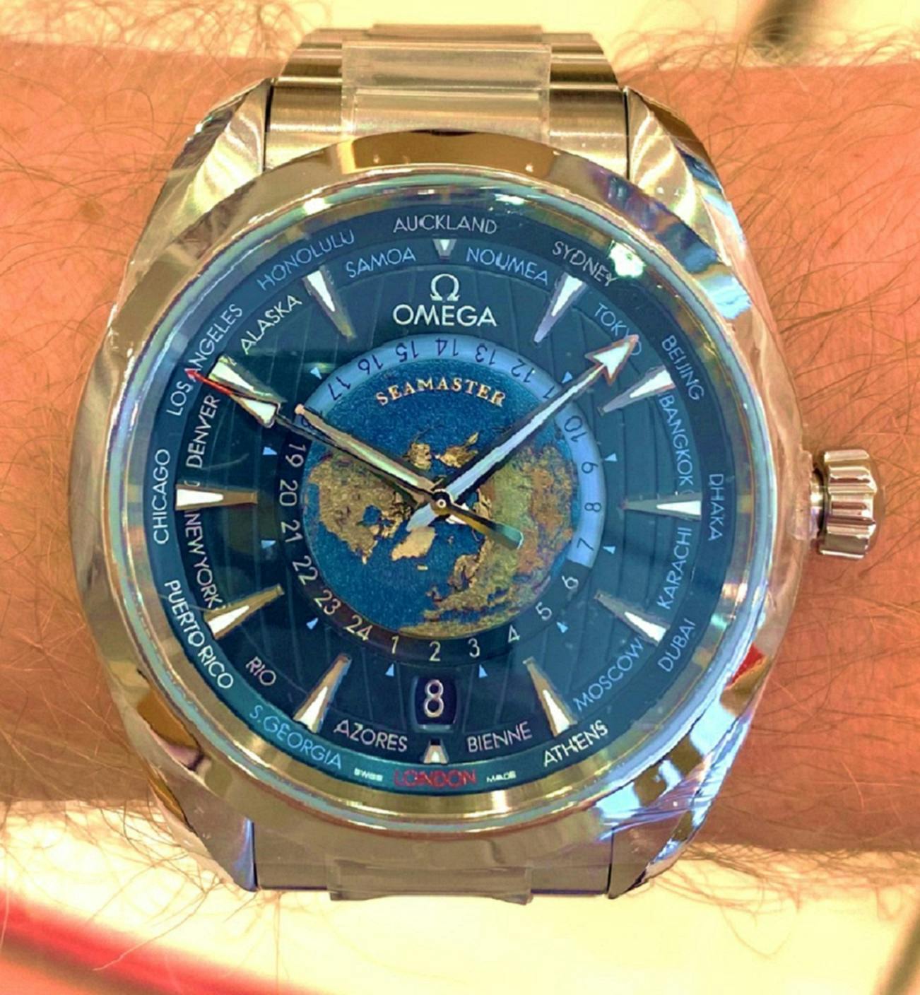 Omega Seamaster Aqua Terra Worldtimer watch in steel with blue dial and map of the world in the centre