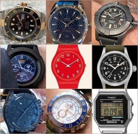 Grid of 9 watches suitable for a holiday, all robust looking or digital and with clear time telling features, steel adn gold, black blue and red examples. 