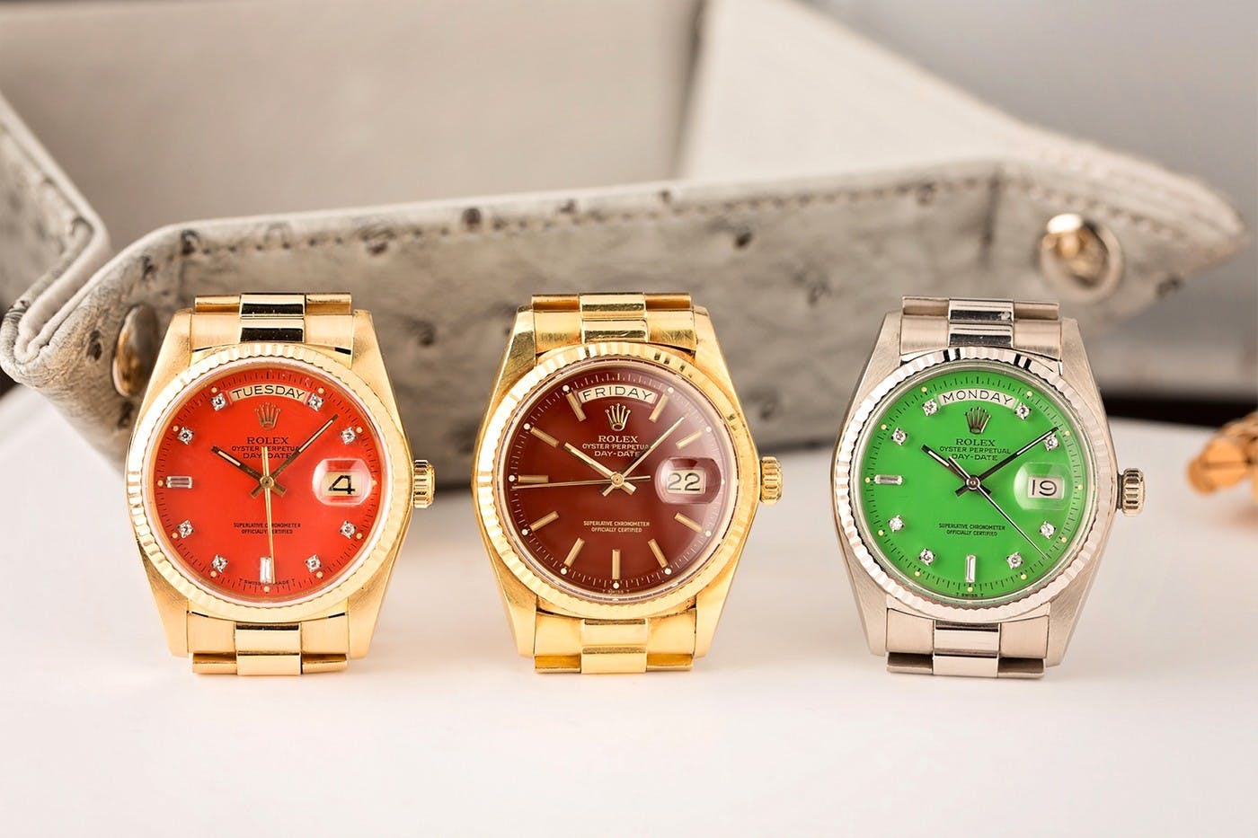 Three Rolex Day-Date "Stella" dials. Photo courtesy of Bob's Watches