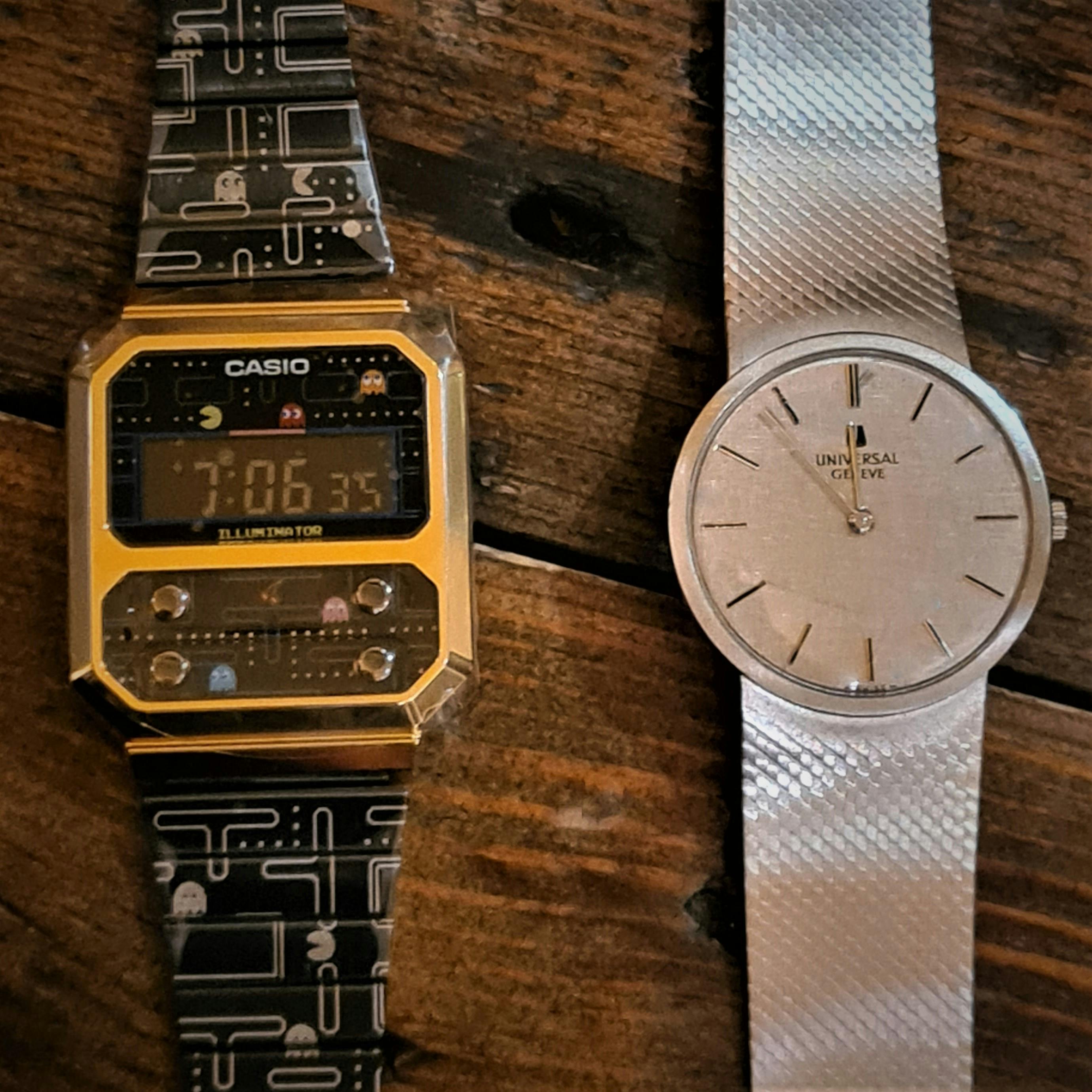 Two spectacularly different watches at our October In-Person Watch Meetup; a Casio Pacman and a Universale Geneve Dress watch.