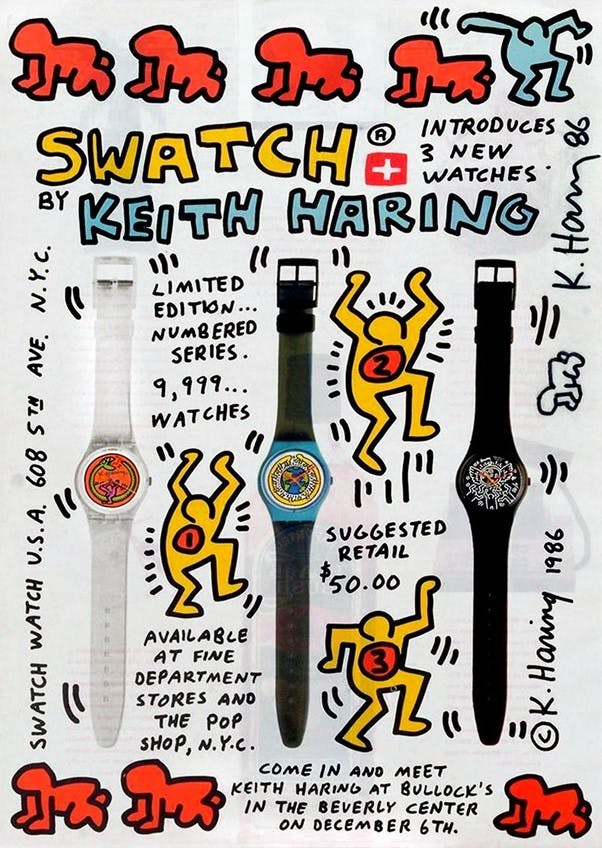 The flyer Keith Haring designed for the Swatches at his Pop shop in New York in 1986. The Swatches he designed are now some of the most valuable of all. 