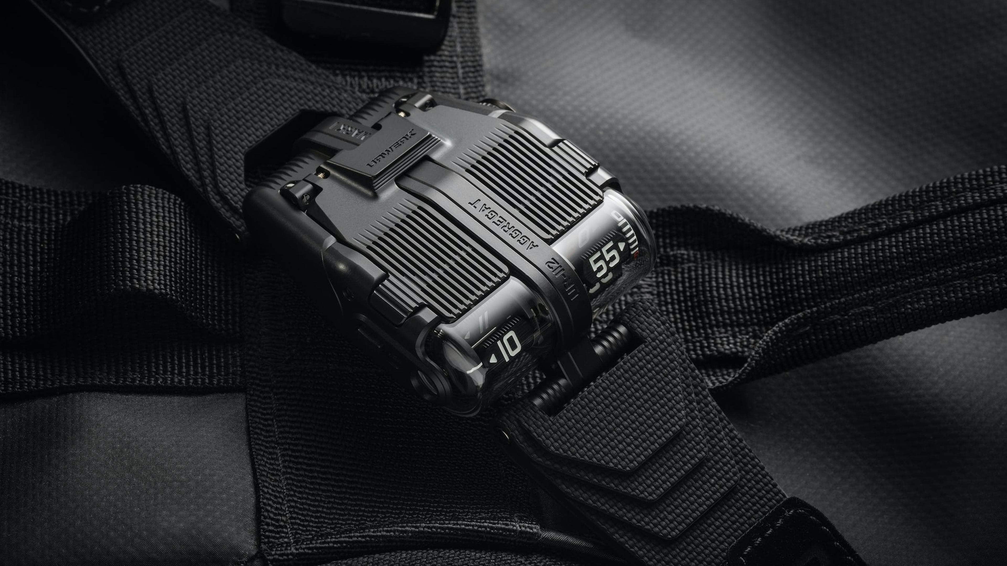 This Urwerk watch shows the time using two jumping mechanisms at the end of the case that rotate in one hour and five minute intervals.