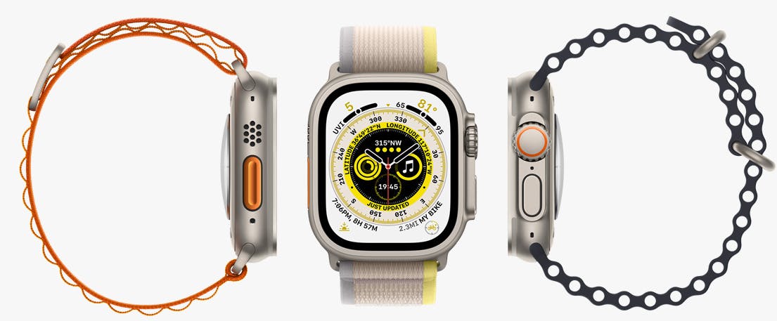 Apple Watch Pro in Tiranium with active straps for different uses.