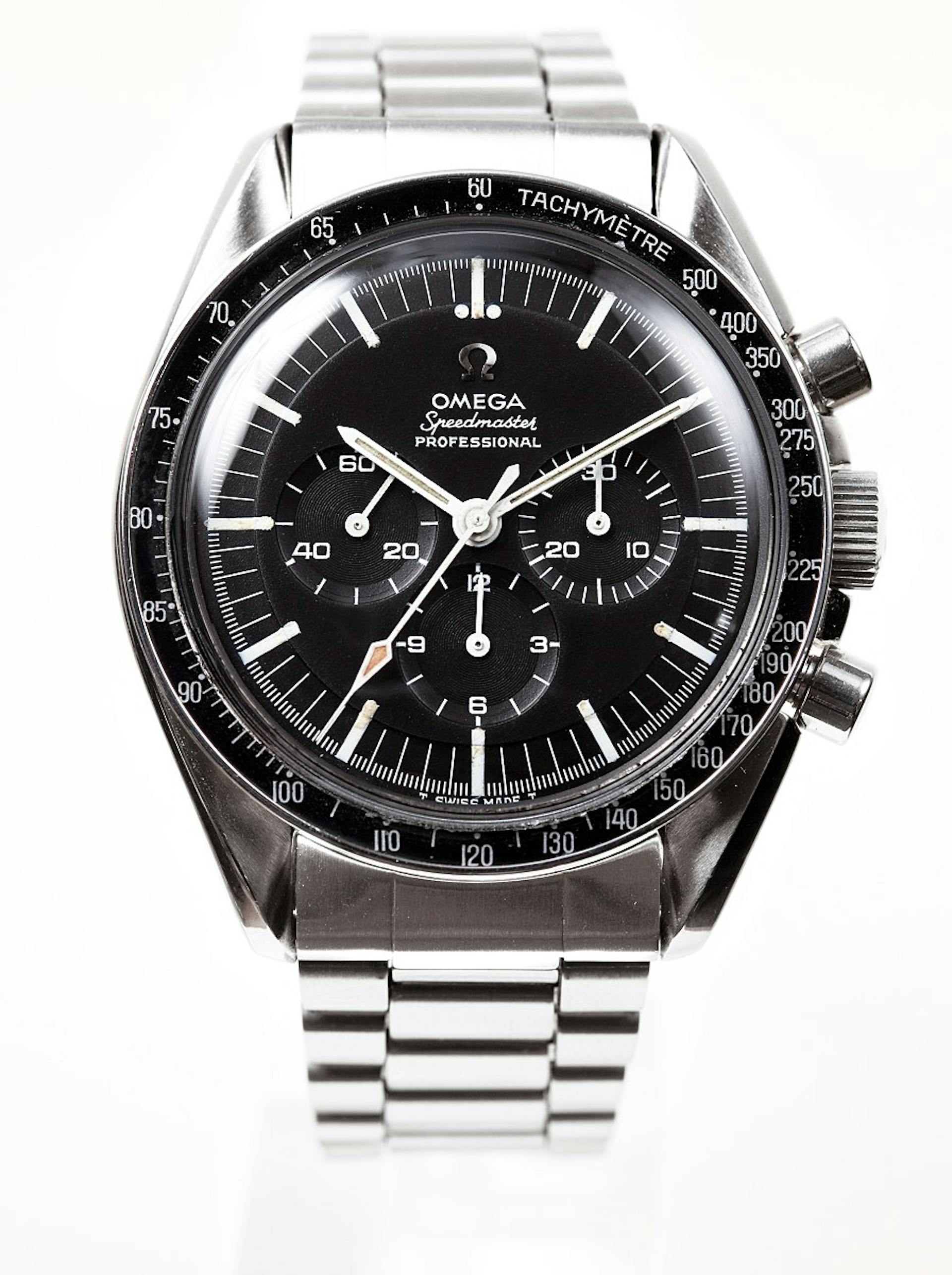 A vintage Omega Speedmaster with the Tachmyeter on the outer Bezel of the watch.