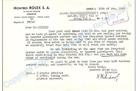 Letter from Rolex to two Prisoners of War in a German Camp: "You must not even think of Settlement during the war"