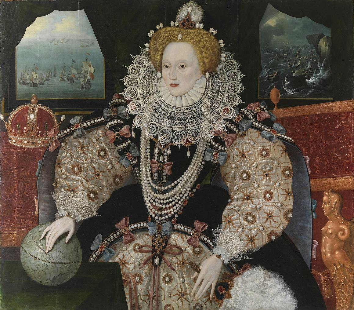 The famous Official Portrait of Queen Elizabeth I shows the defeated Spanish Armada in the background. There is no watch in this picture but the large amount of jewellery the Queen is wearing demonstrates her status. Image courtesy of National Maritime Museum, Greenwich.