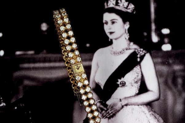 A version of the watch worn by the Queen for her coronation. Note the tiny watch face, powered by the world's smallest watch calibre, the Jaeger LeCoultre 101. It is believed that this watch has been lost from Her Majesty's collection.