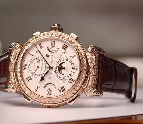 The most expensive and complicated series production watch Patek Philippe make was introduced for their 175th Anniversary. It's called the Grandmaster Chime and has 21 functions, and the case is entirely engraved. Image courtesy of patek.com